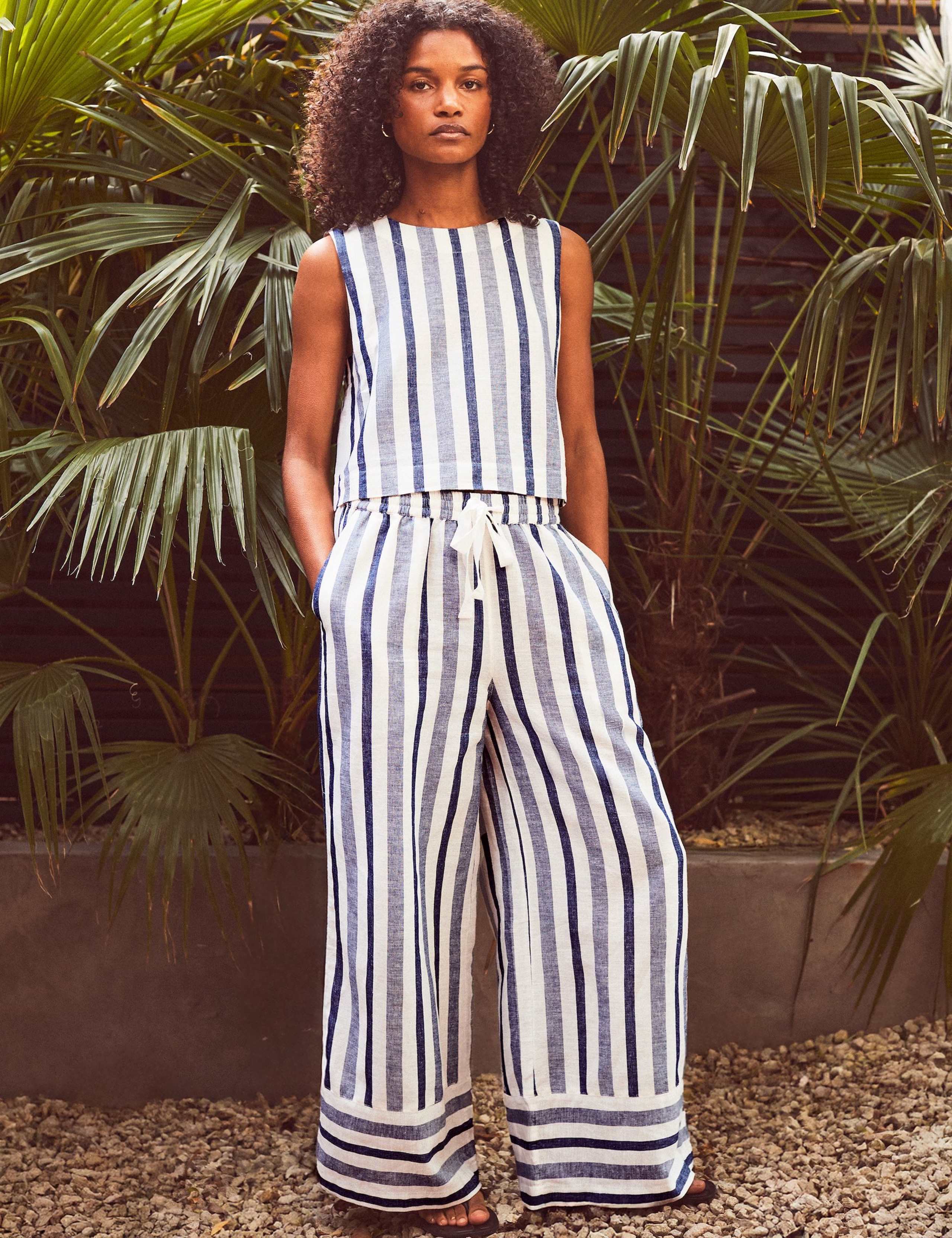 Cotton Rich Striped Wide Leg Trousers with Linen