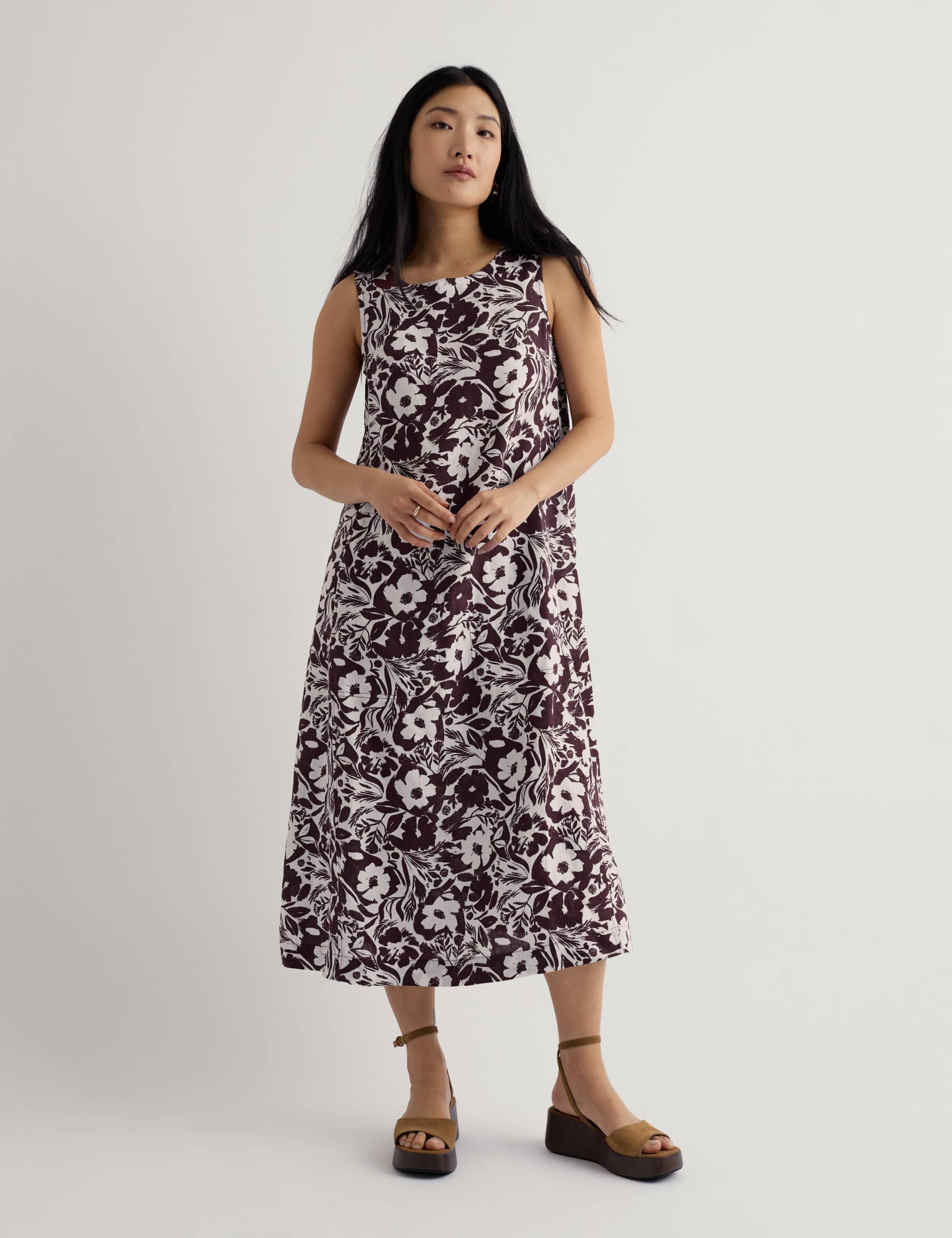 Pure Linen Floral Midi Dress