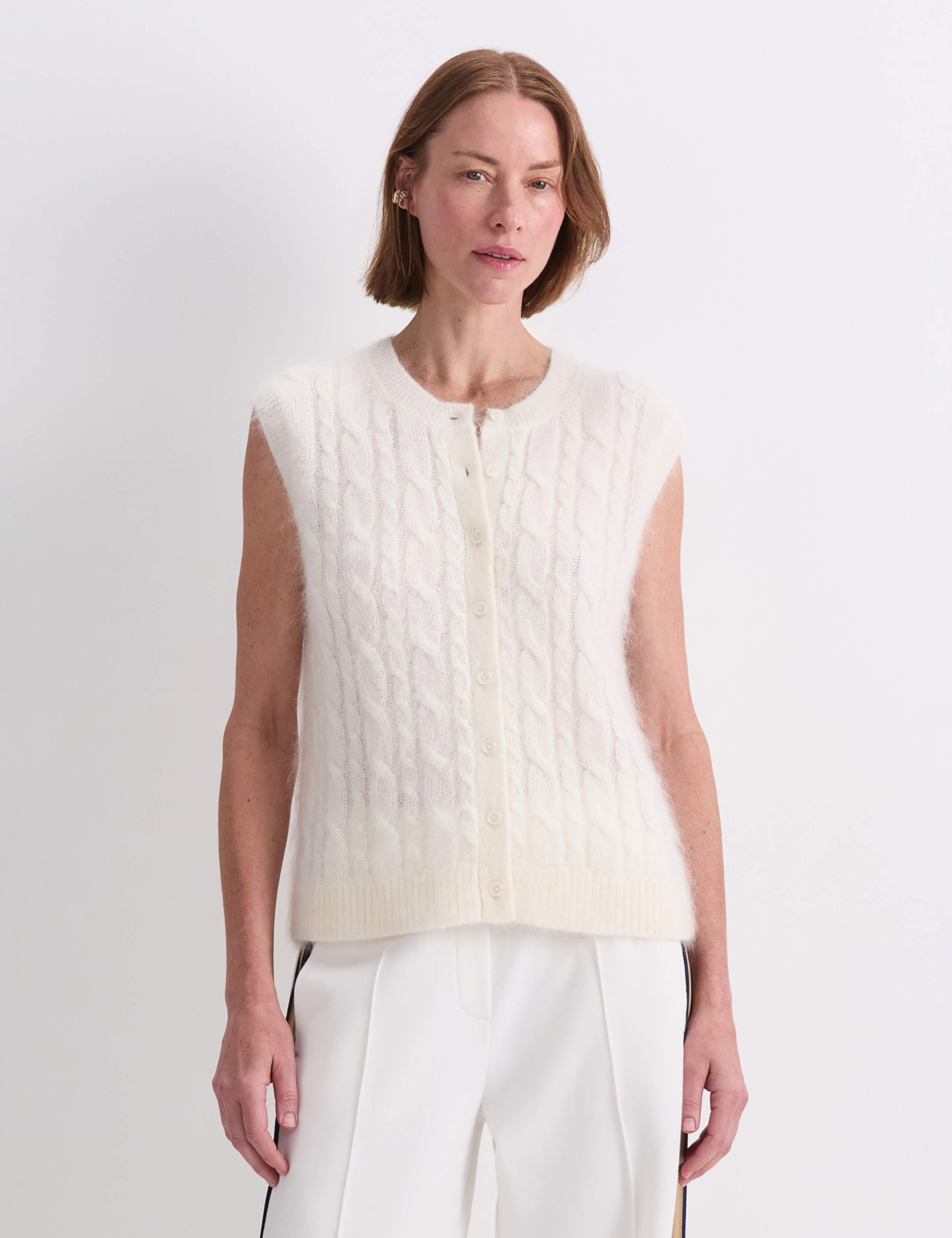 Mohair Blend Cable Knit Button Through Vest