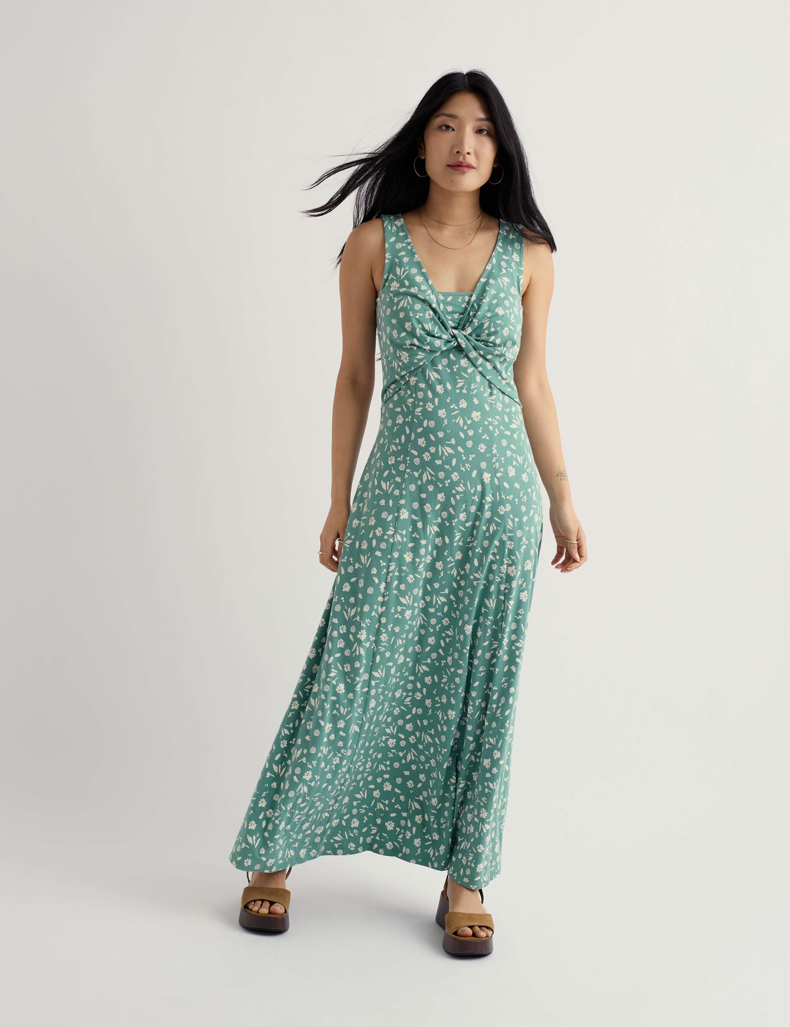 Cotton Rich Floral V-Neck Midaxi Waisted Dress