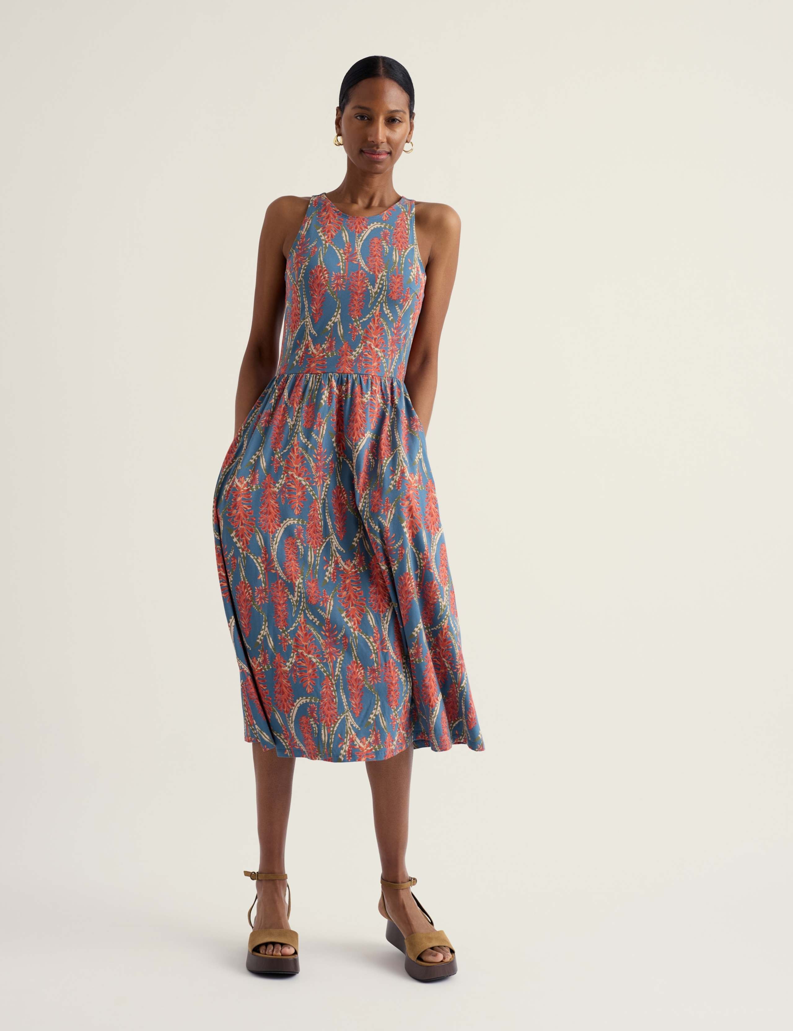 Jersey Floral Midi Waisted Dress