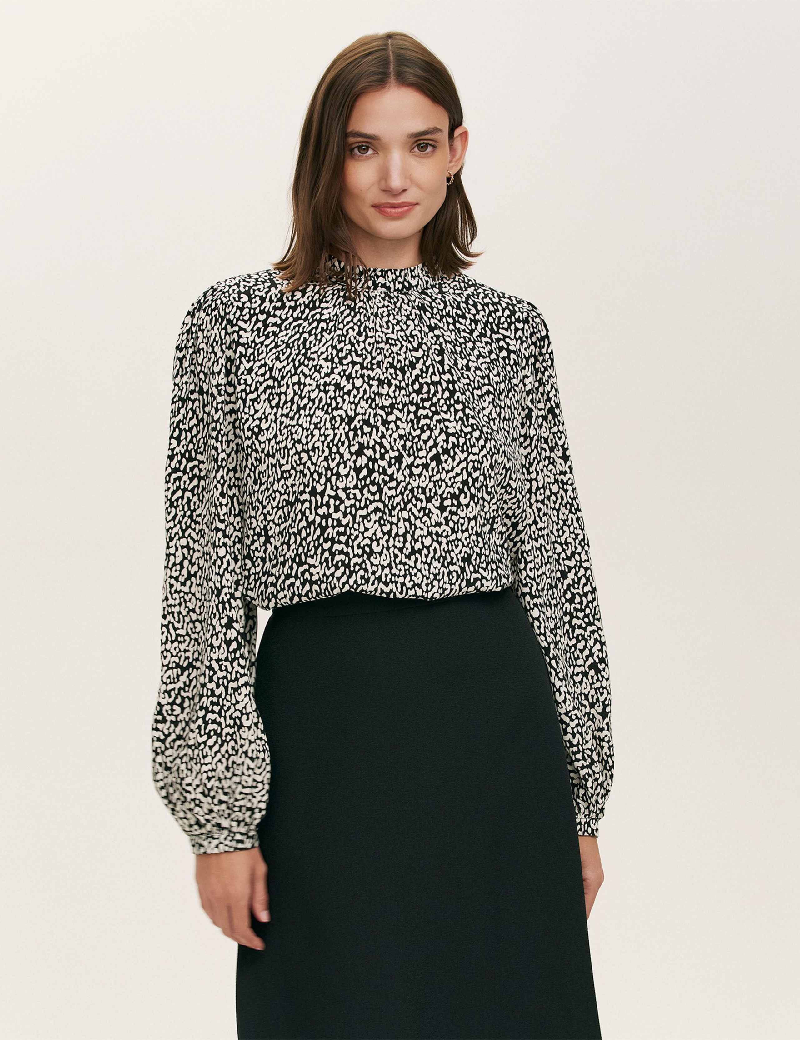 Crepe Leopard Print High Neck Blouse
