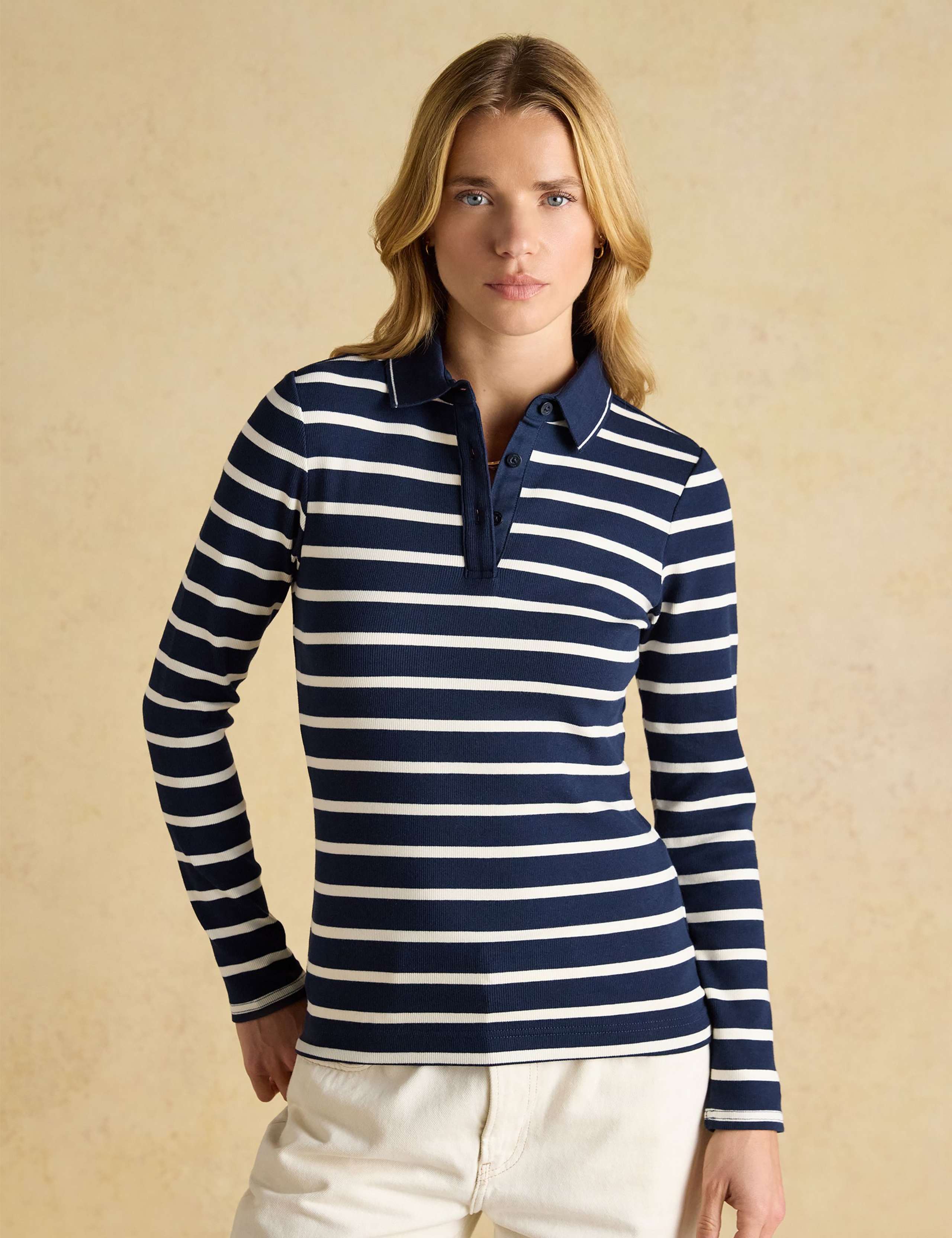 Cotton Rich Ribbed Striped Polo Top