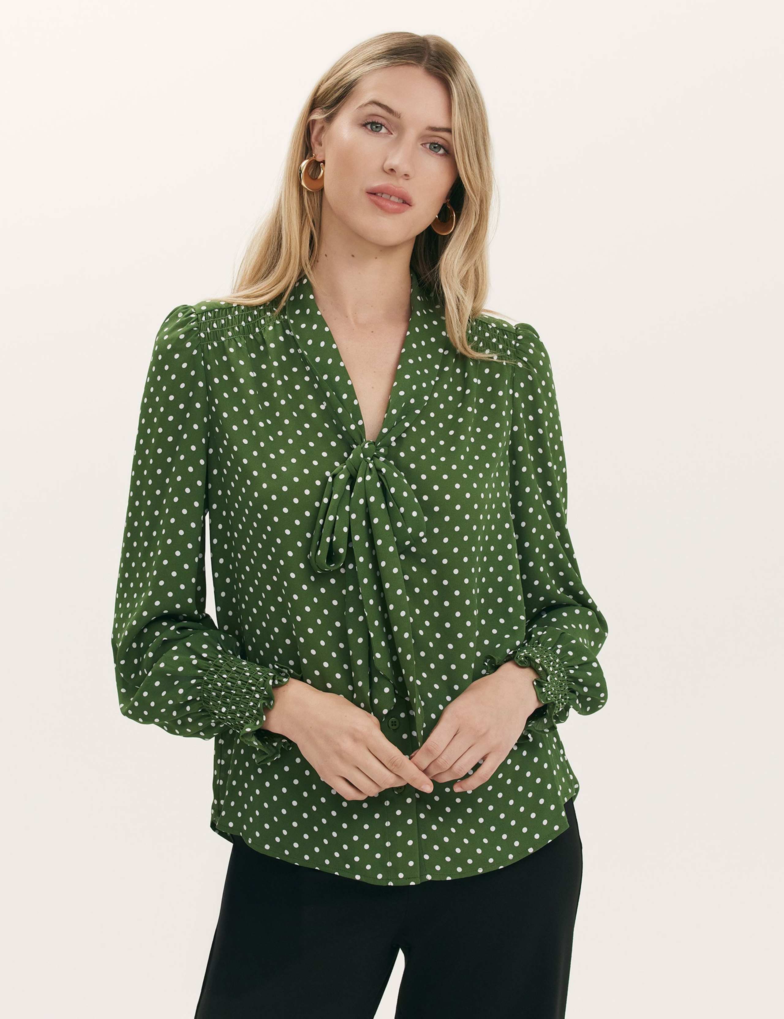 Polka Dot Tie Neck Blouson Sleeve Blouse