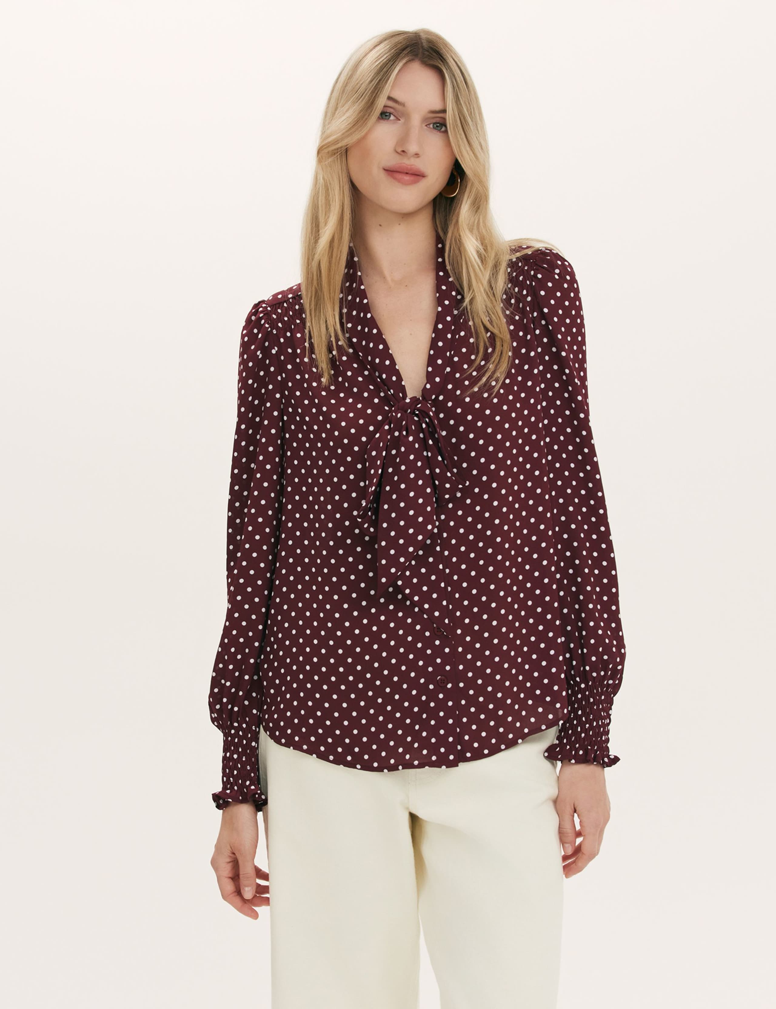 Polka Dot Tie Neck Blouson Sleeve Blouse