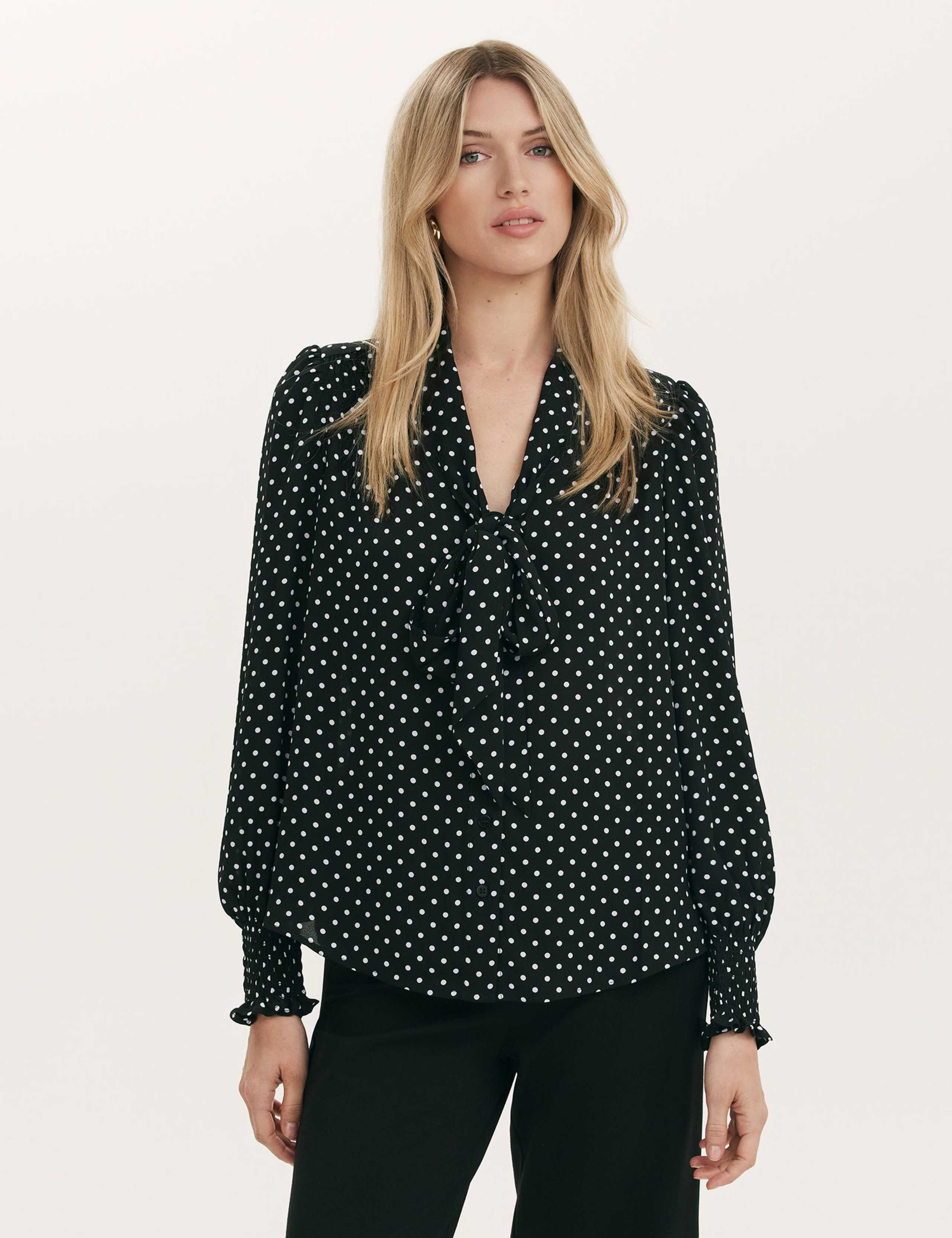 Polka Dot Tie Neck Blouson Sleeve Blouse