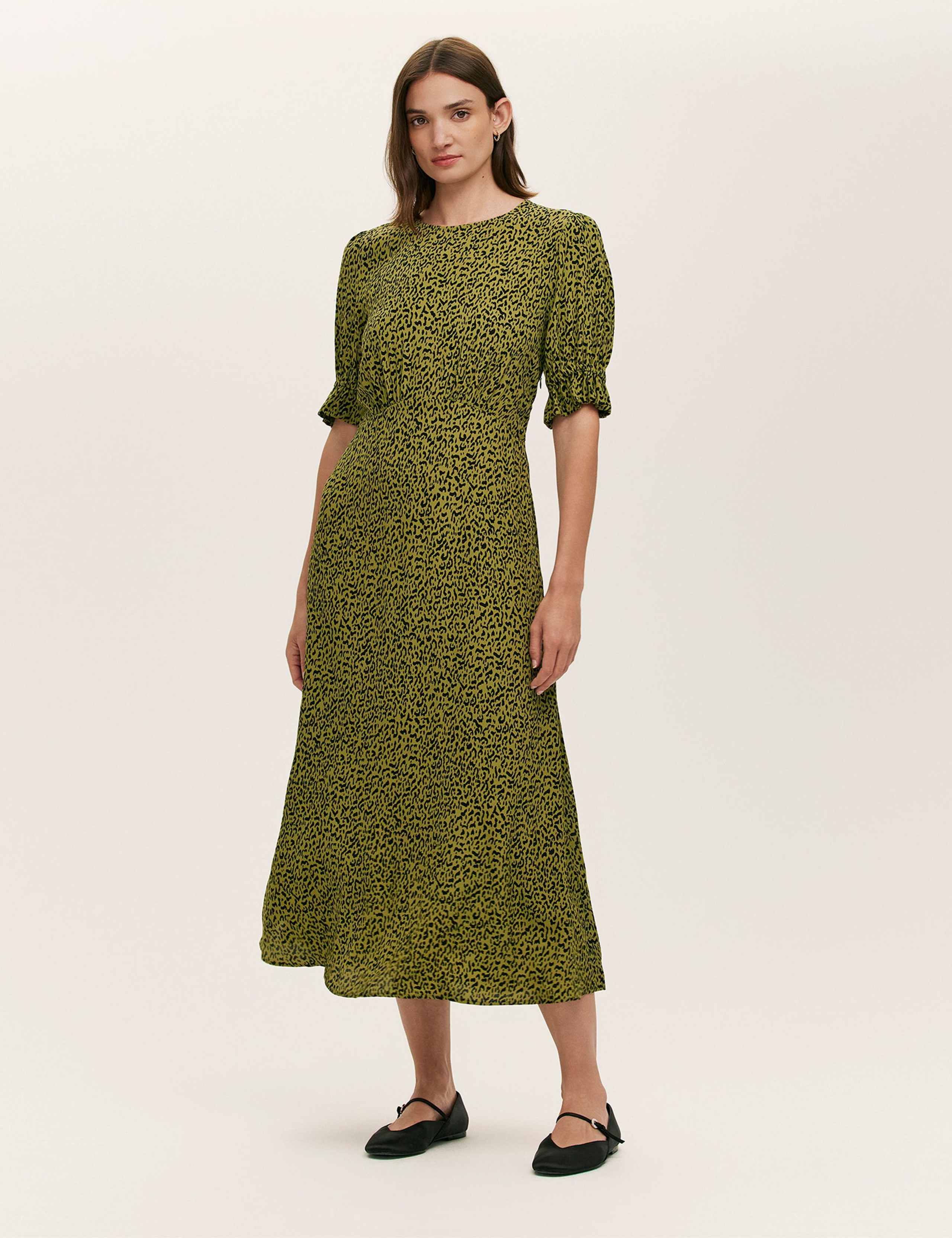Crepe Printed Puff Sleeve Midi Tea Dress