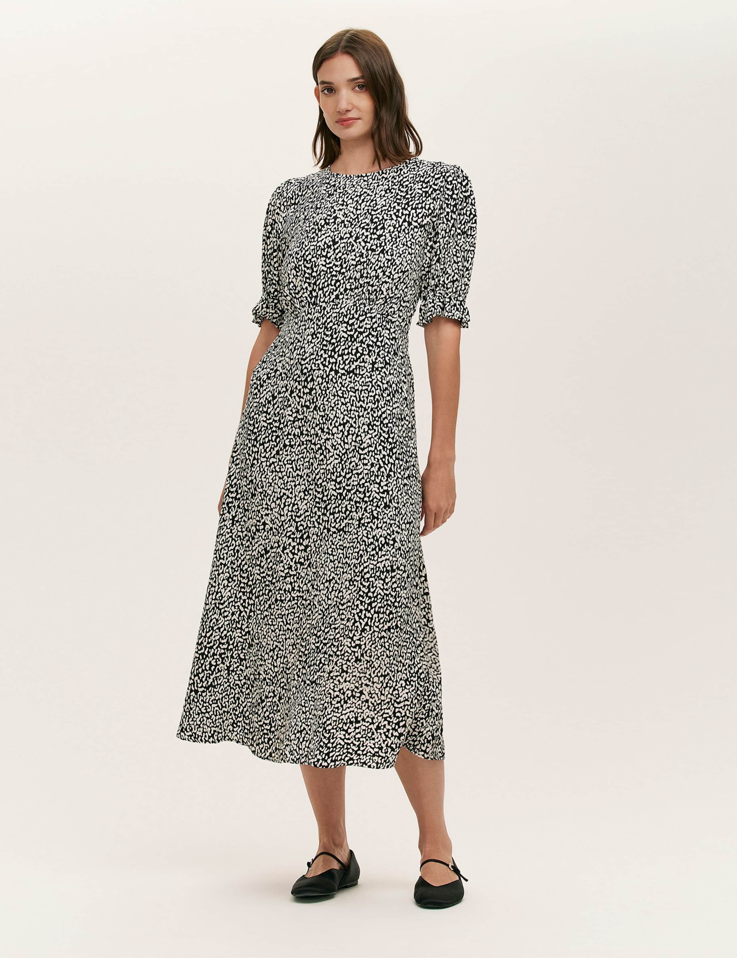 Crepe Printed Puff Sleeve Midi Tea Dress