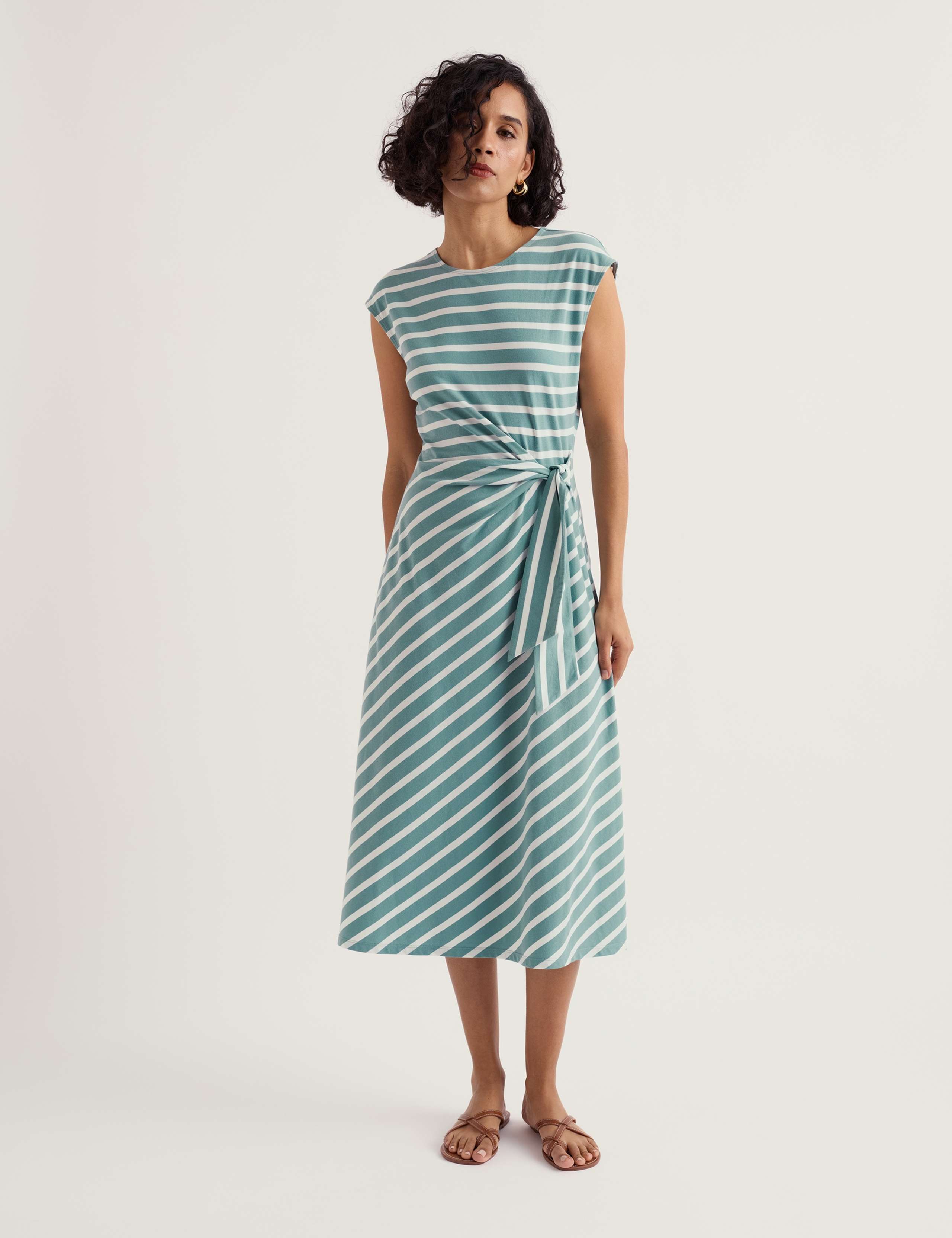 Cotton Rich Striped Tie Front Midi Wrap Dress