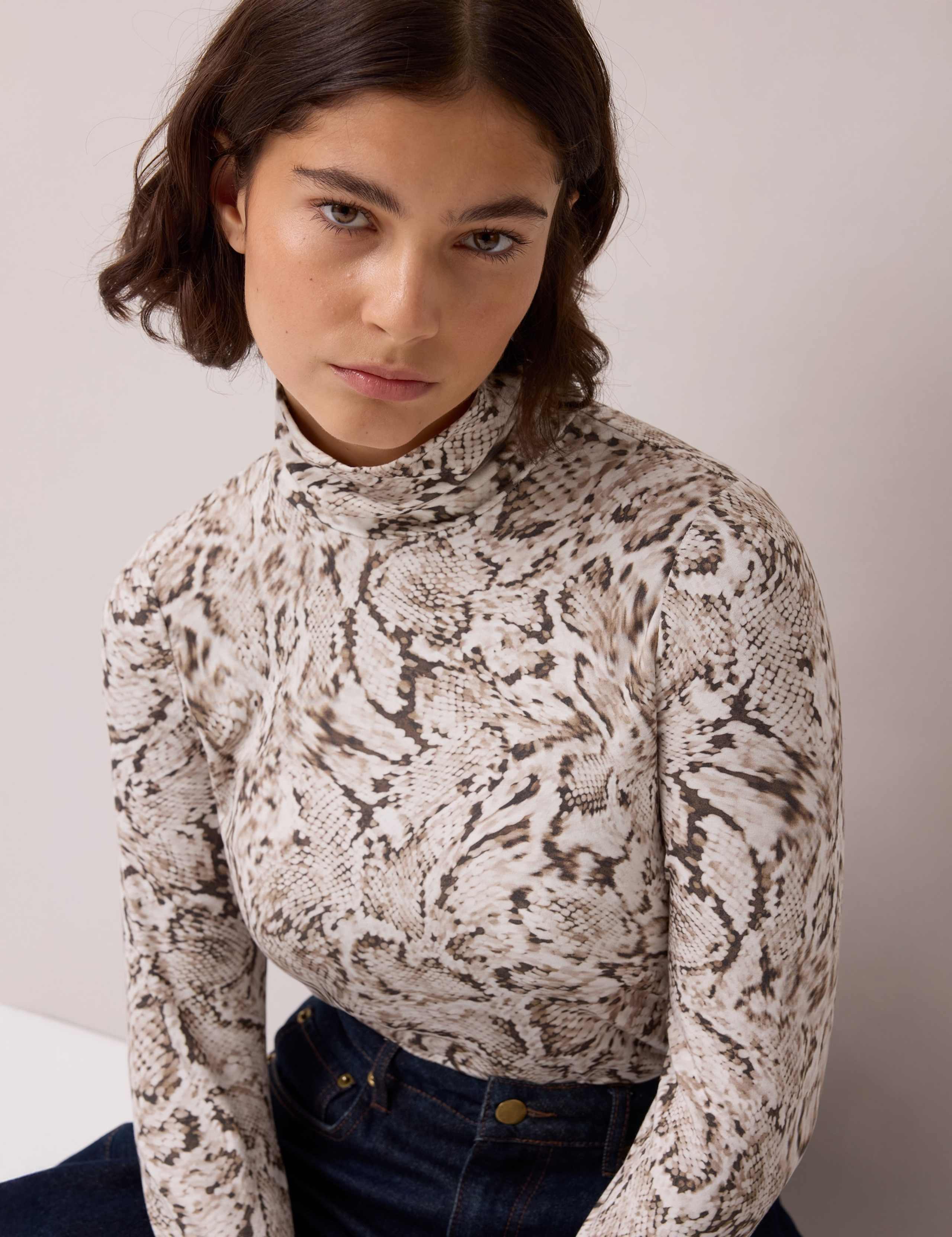 Snake Print Roll Neck Slim Fit Top
