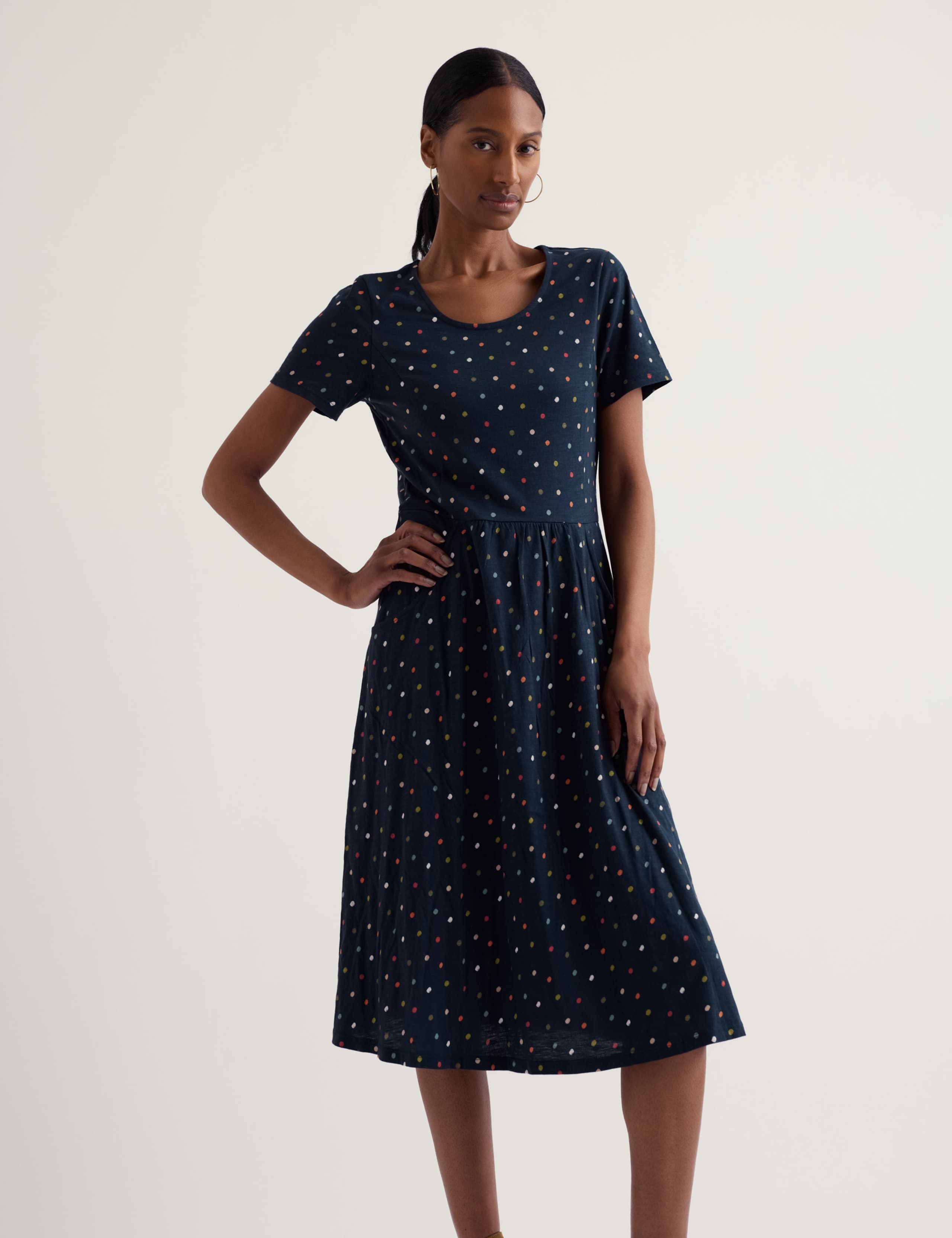 Pure Cotton Polka Dot Midi Waisted Dress