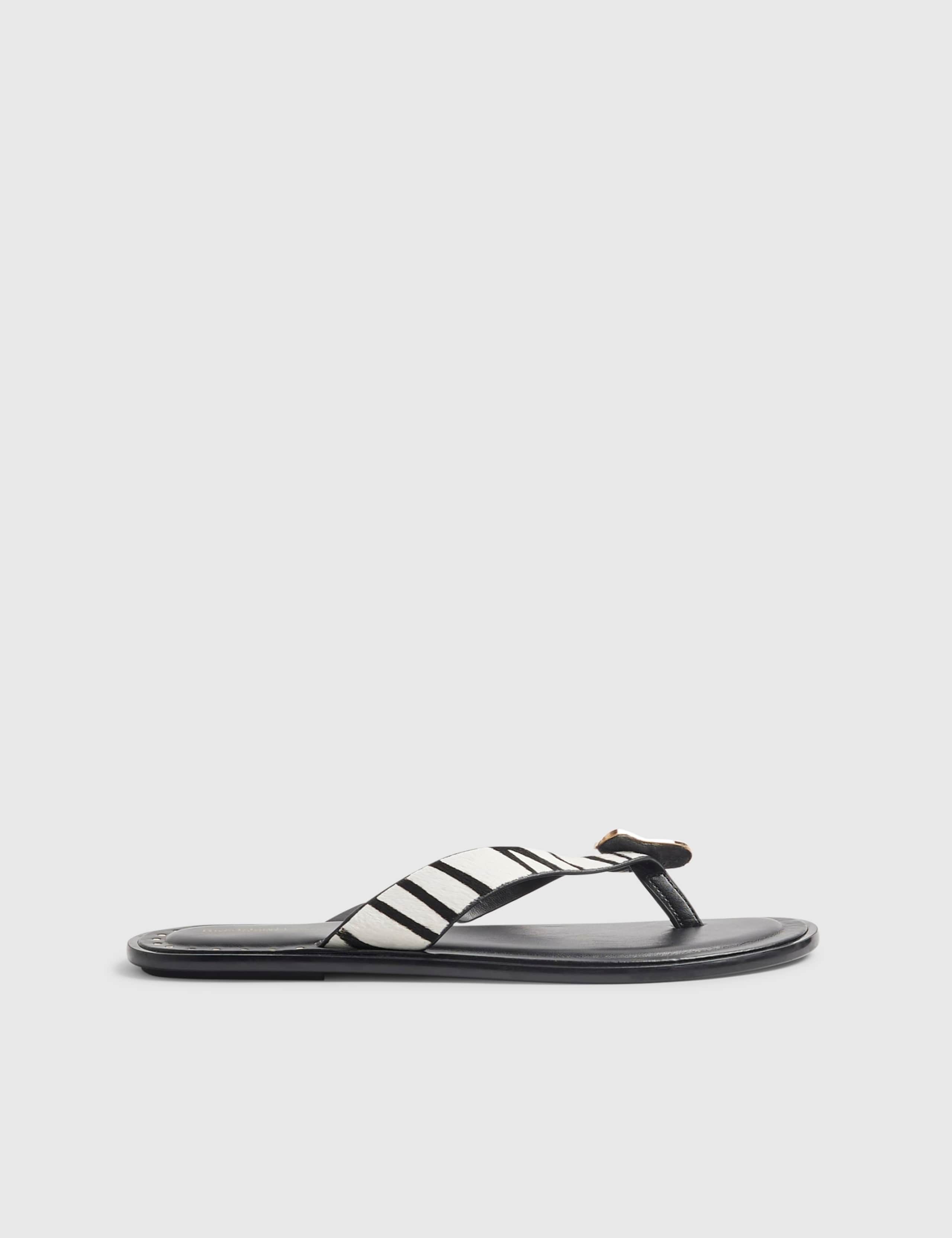 Leather Zebra Print Hardware Toe Thong Sandals