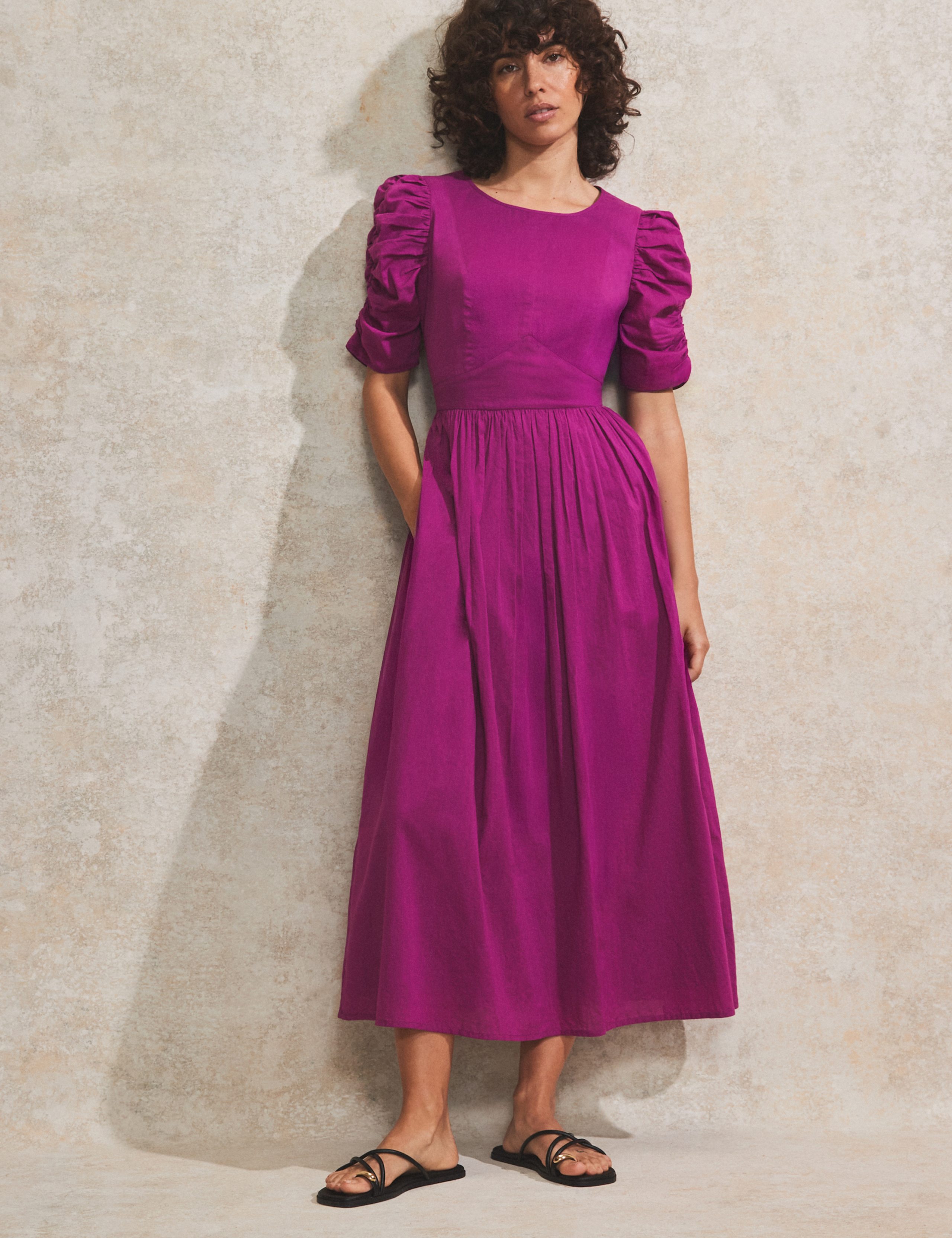 Pure Cotton Round Neck Midi Waisted Dress