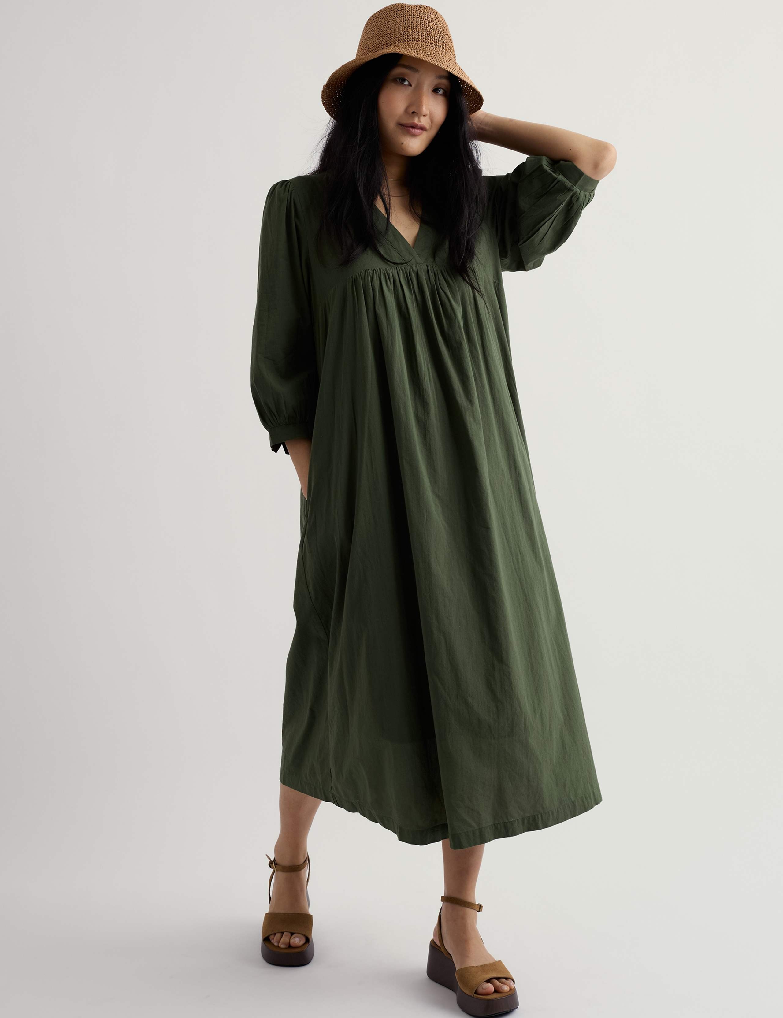 Pure Cotton V-Neck Midi Smock Dress