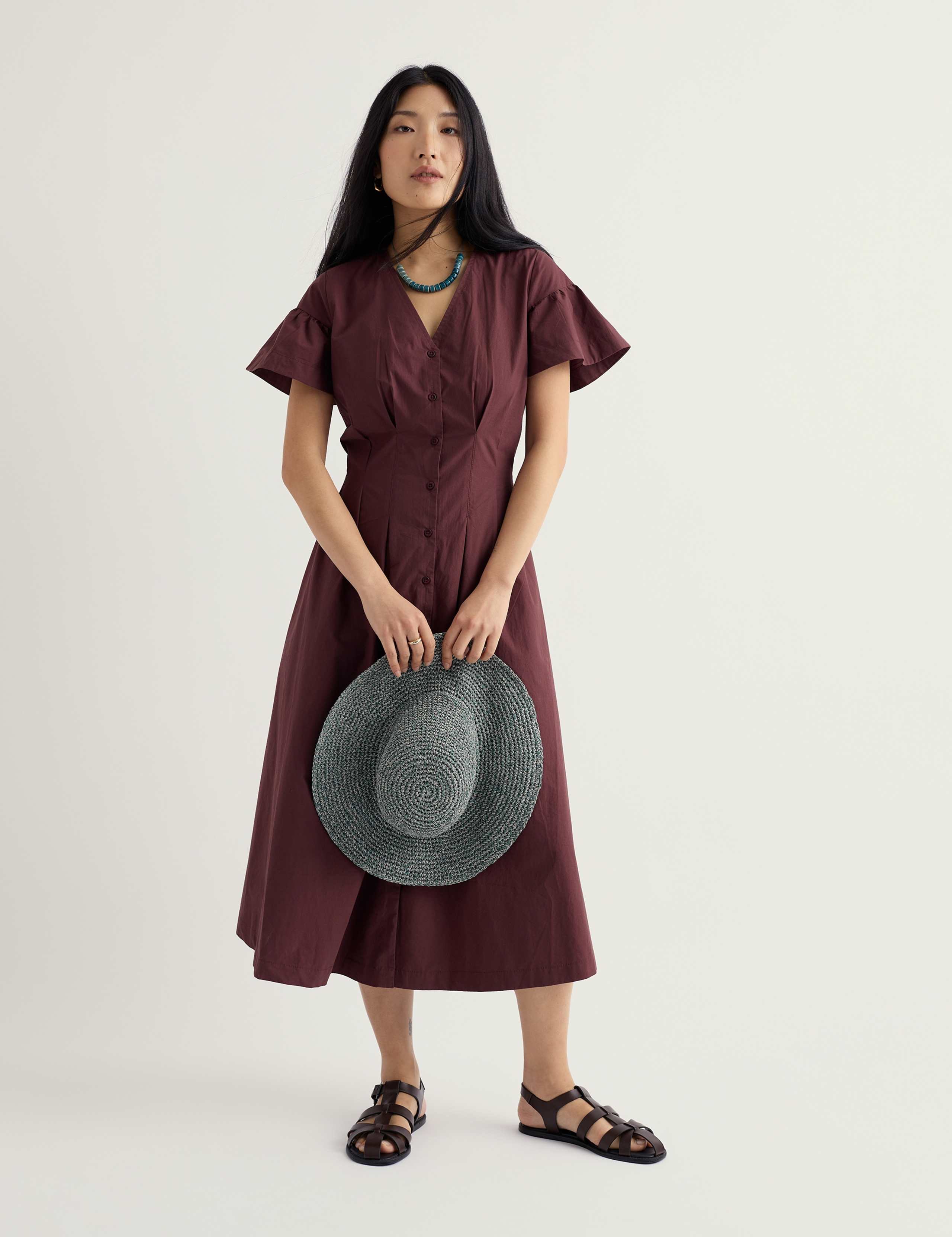 Pure Cotton V-Neck Midi Waisted Dress