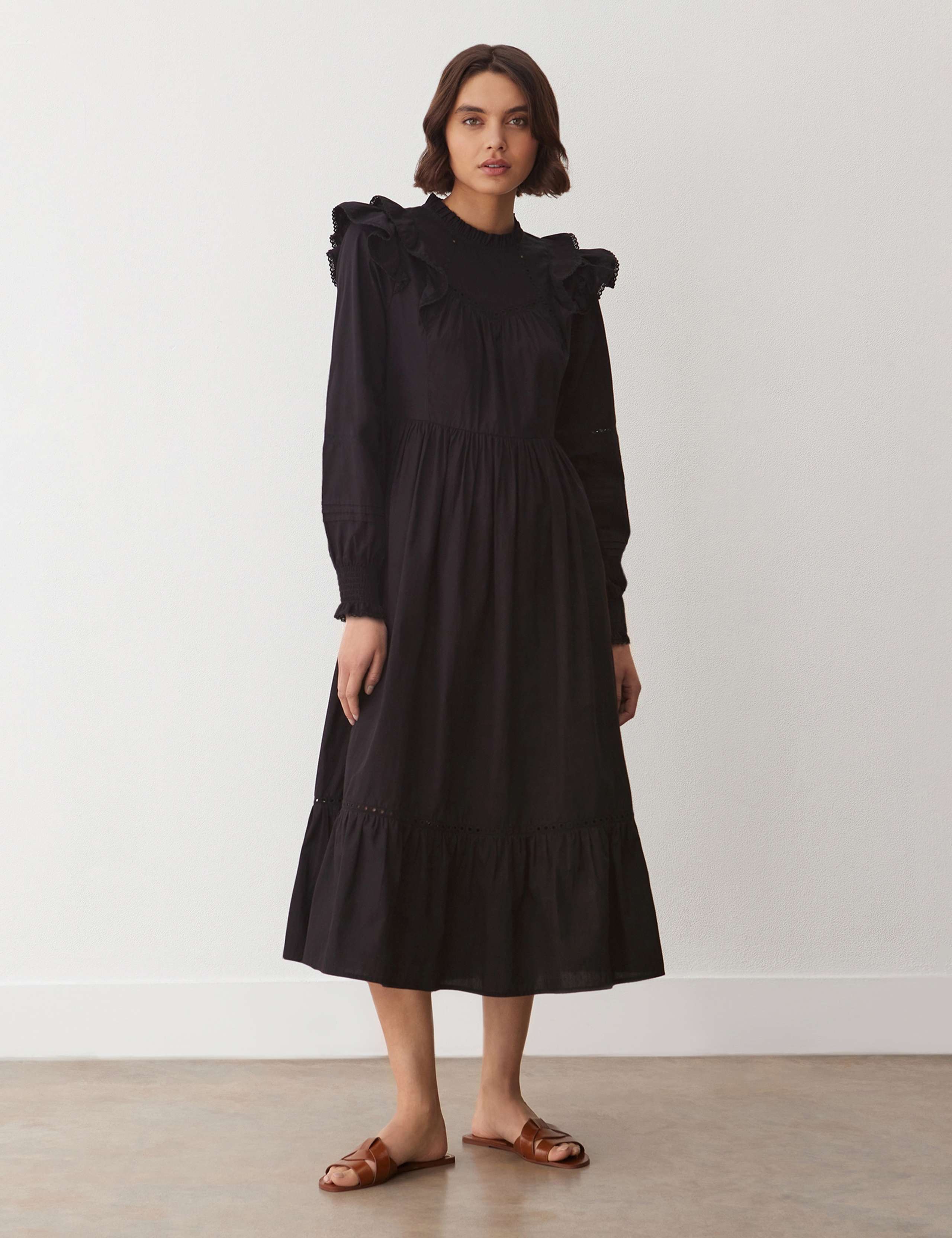 Pure Cotton Ruffle Shoulder Midi Dress