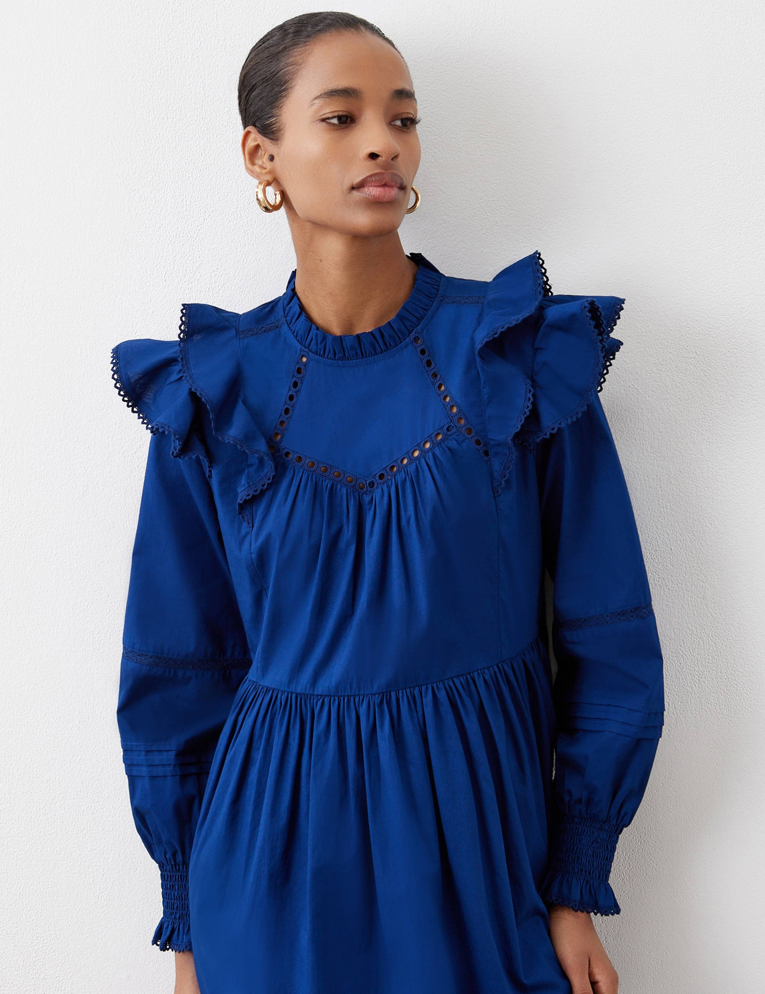 Pure Cotton Ruffle Shoulder Midi Dress
