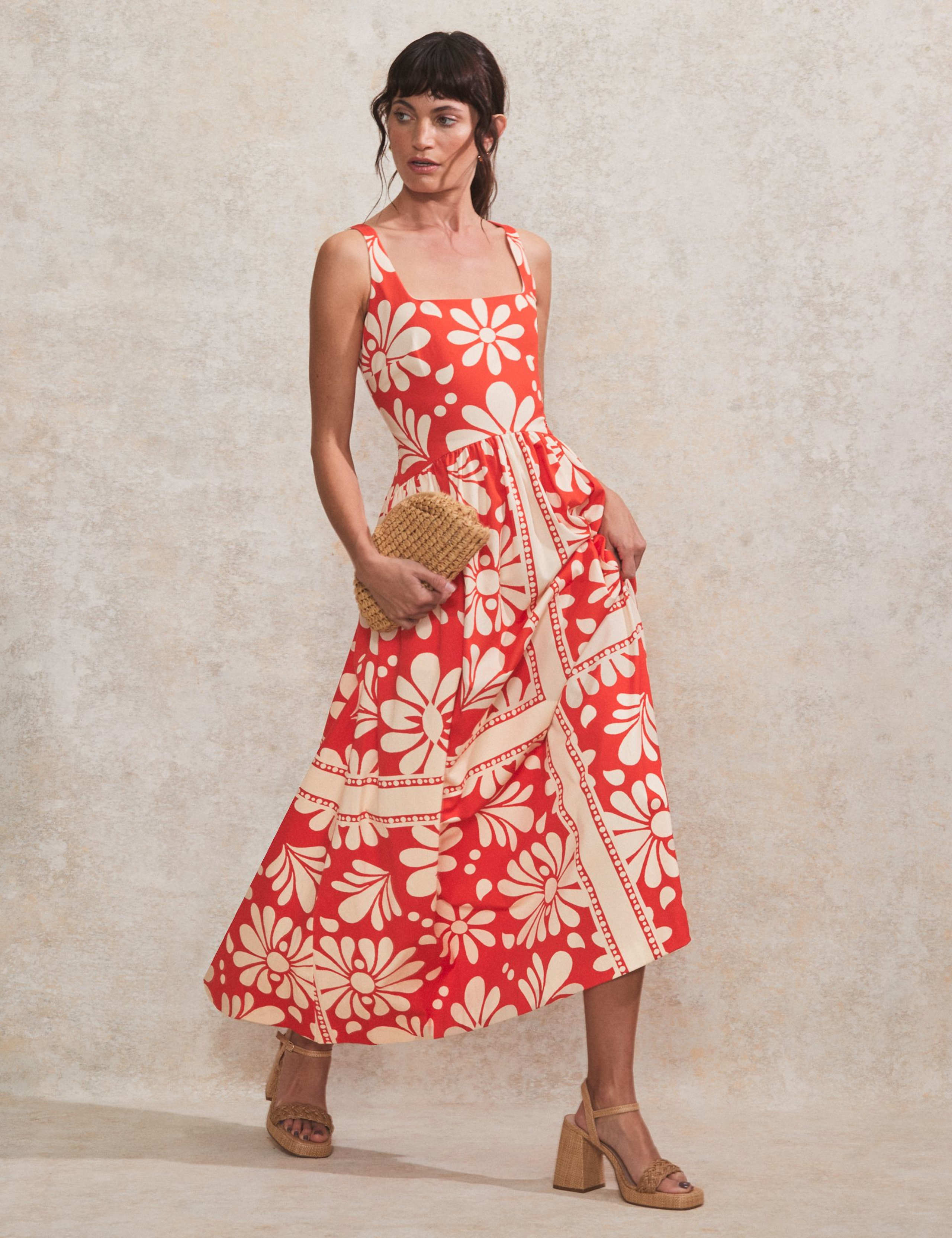 Cotton Rich Printed Midaxi Waisted Dress