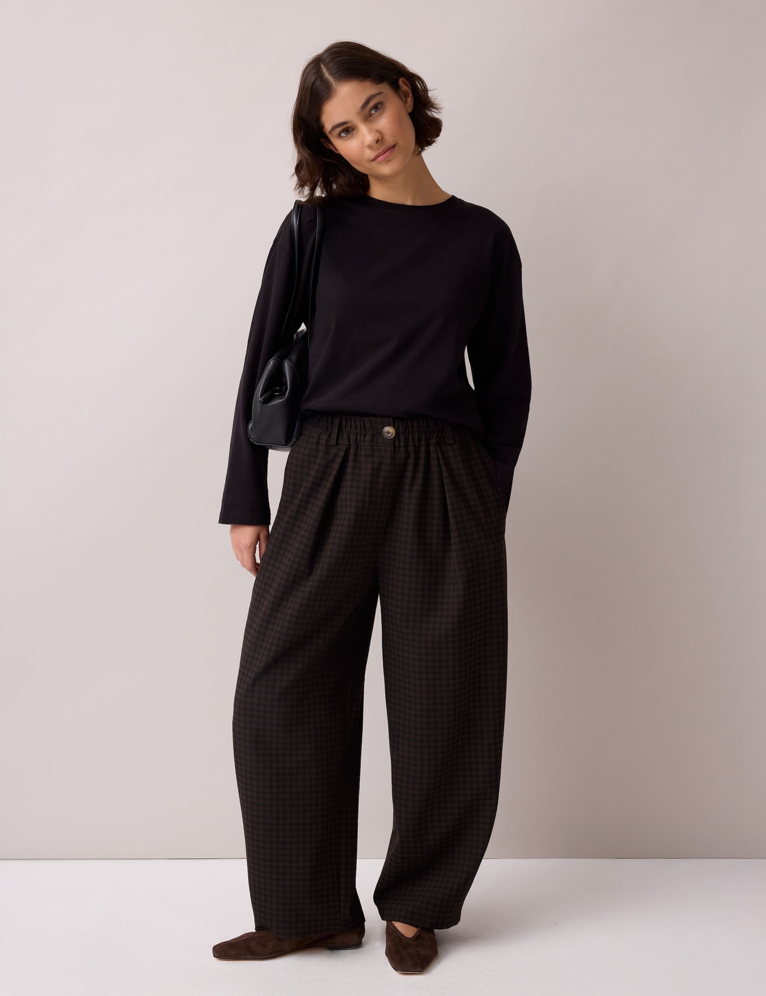 Checked Pleat Front Barrel Leg Trousers