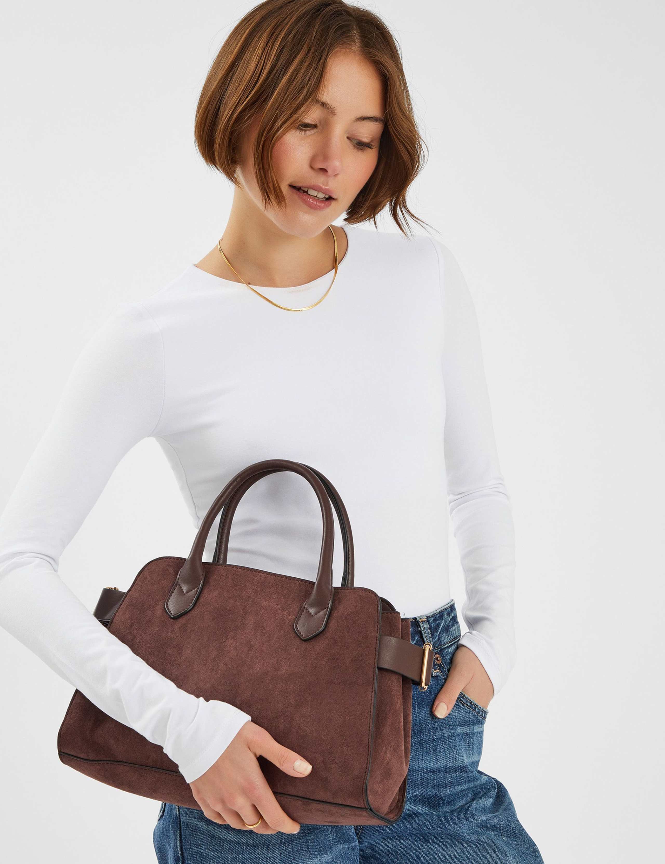 Suedette Top Handle Bowler Cross Body Bag