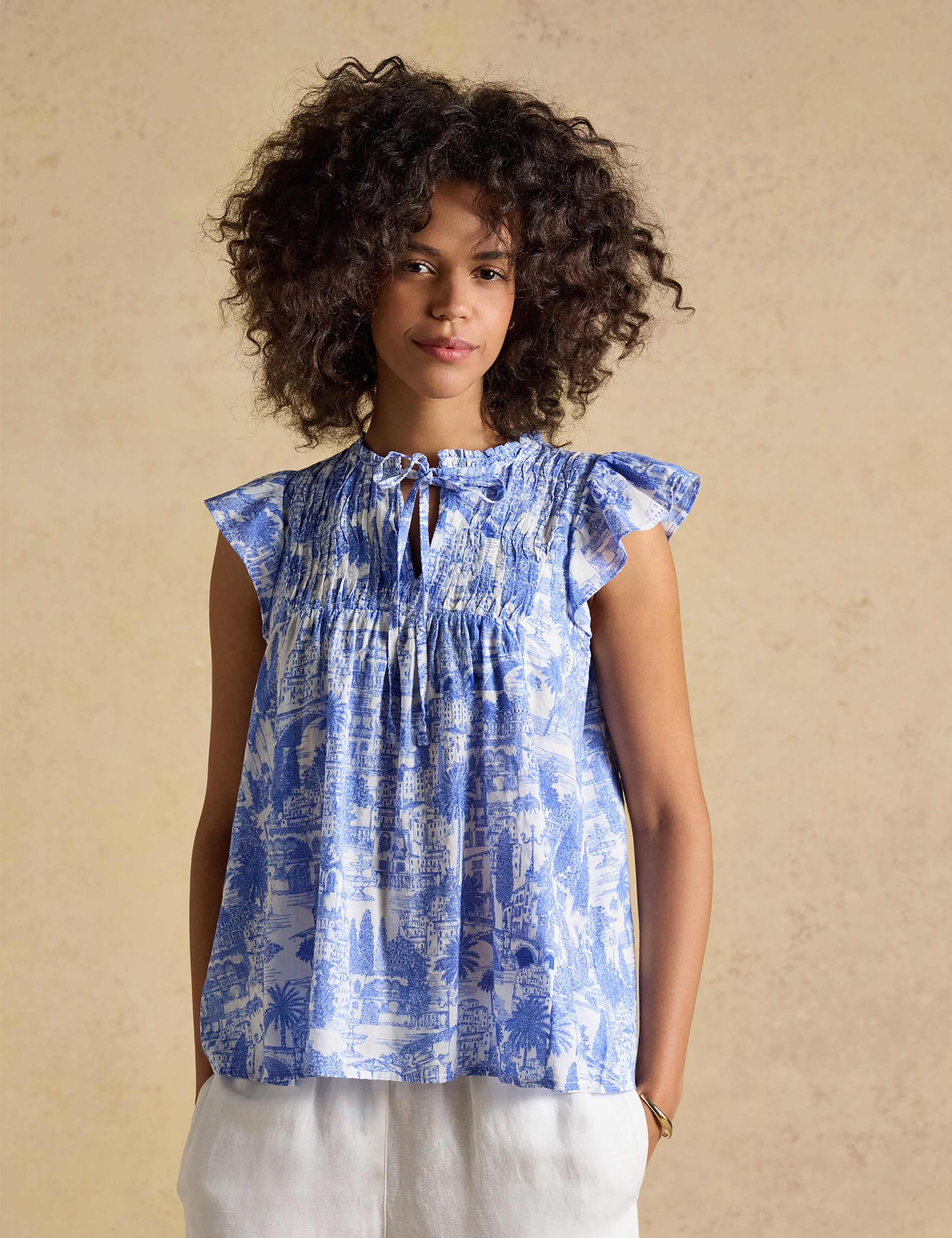 Cotton Rich Printed Smocked Tie Neck Blouse