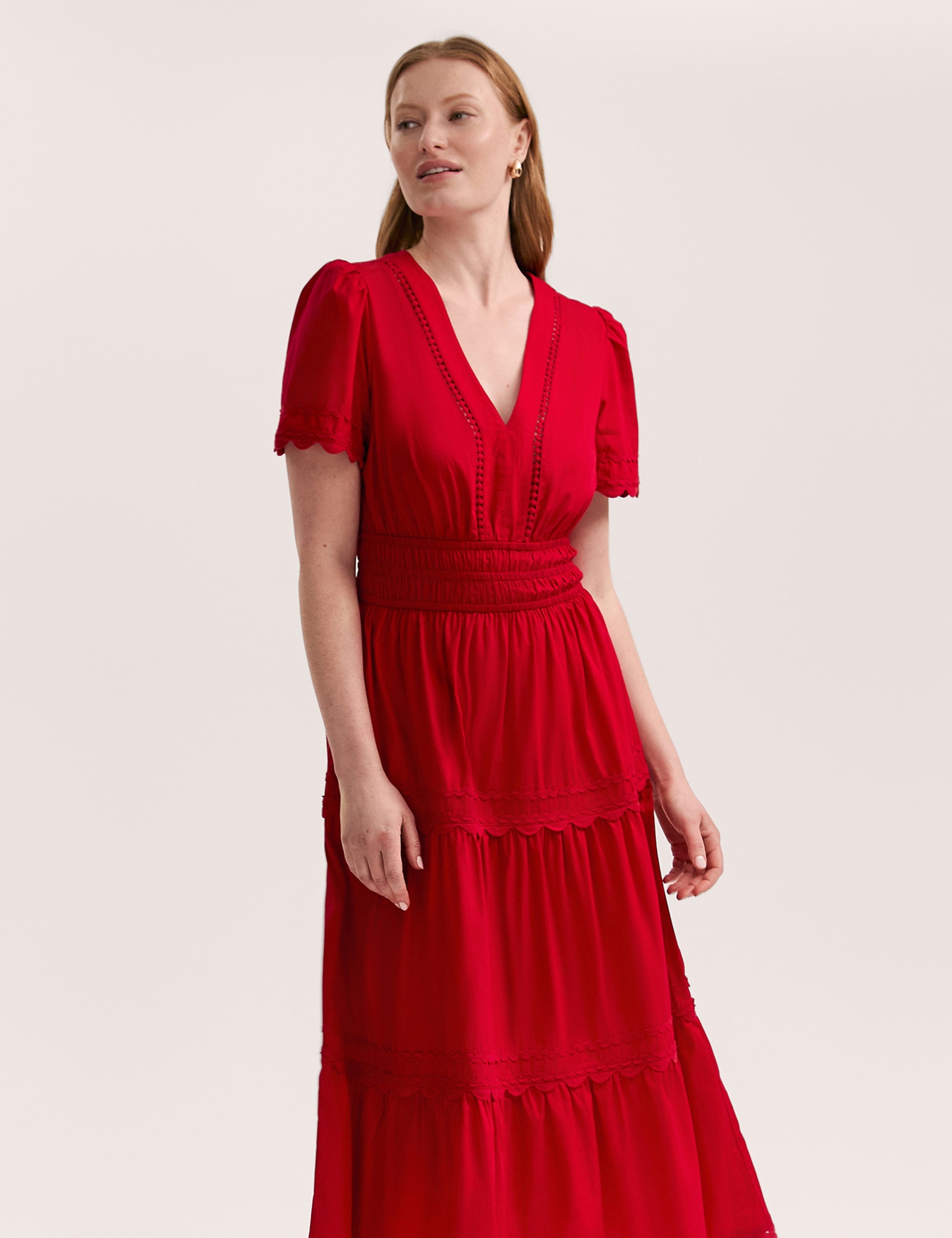 Pure Cotton Textured V-Neck Midi Tiered Dress