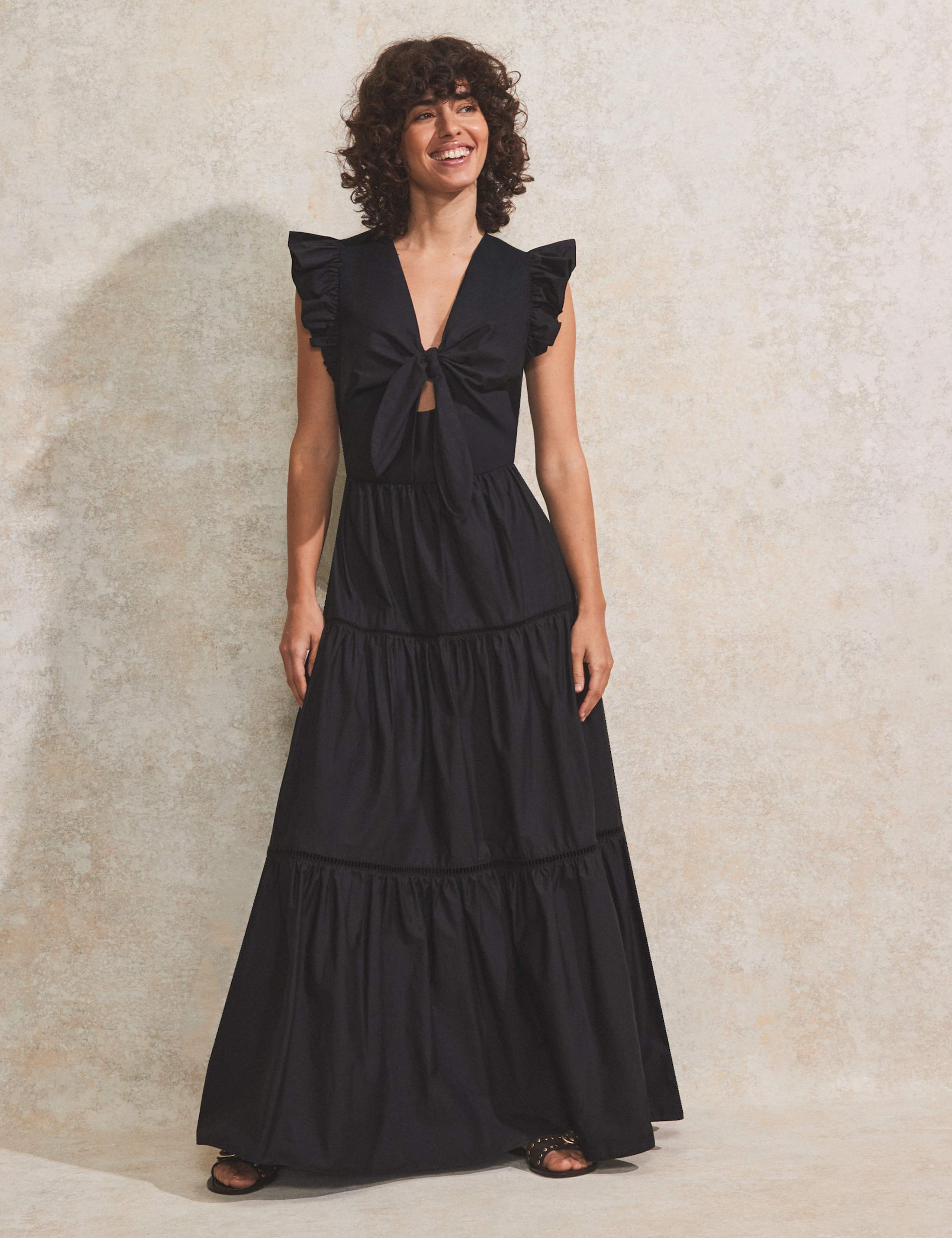 Pure Cotton Tie Neck Tiered Maxi Dress