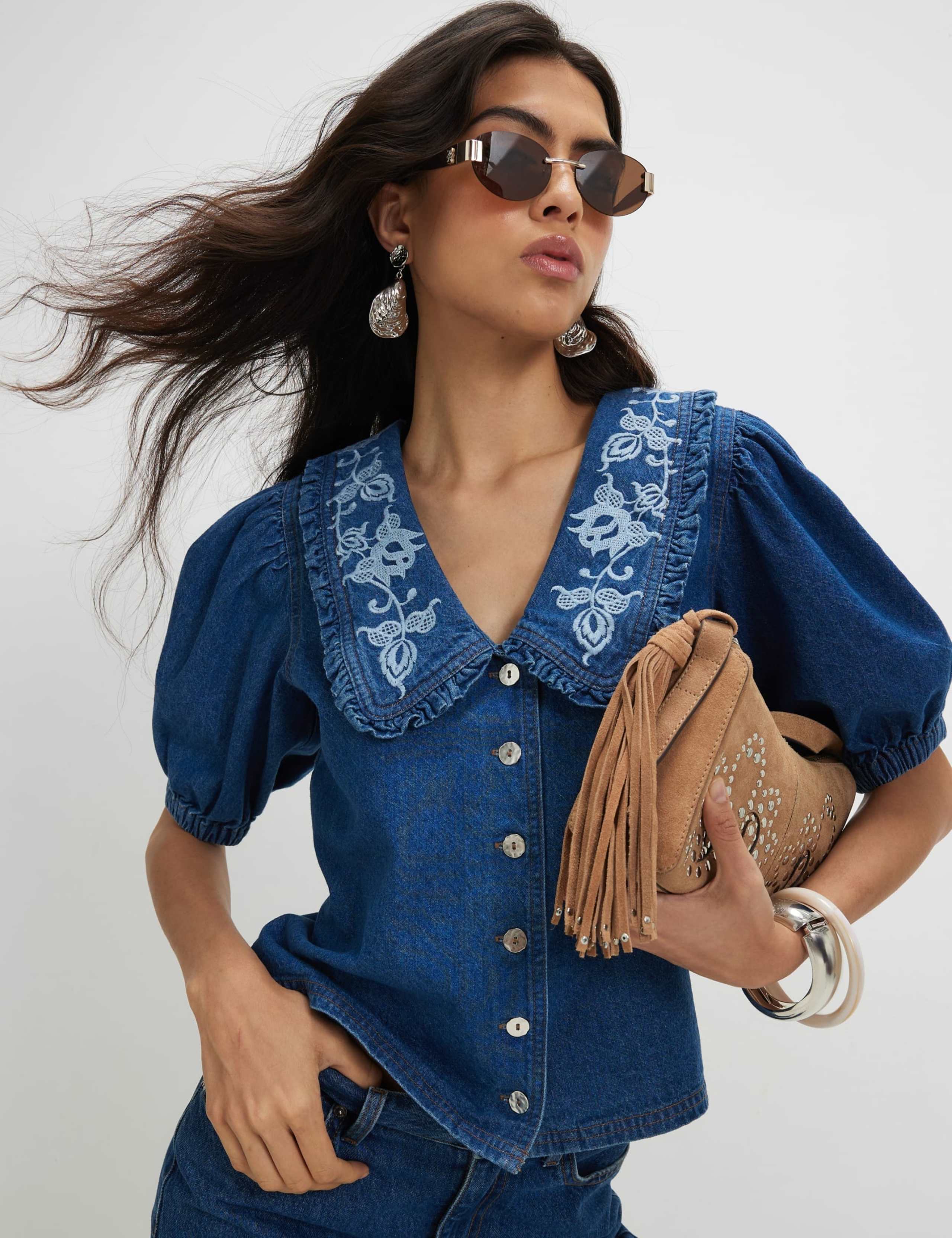 Denim Collared Puff Sleeve Shirt