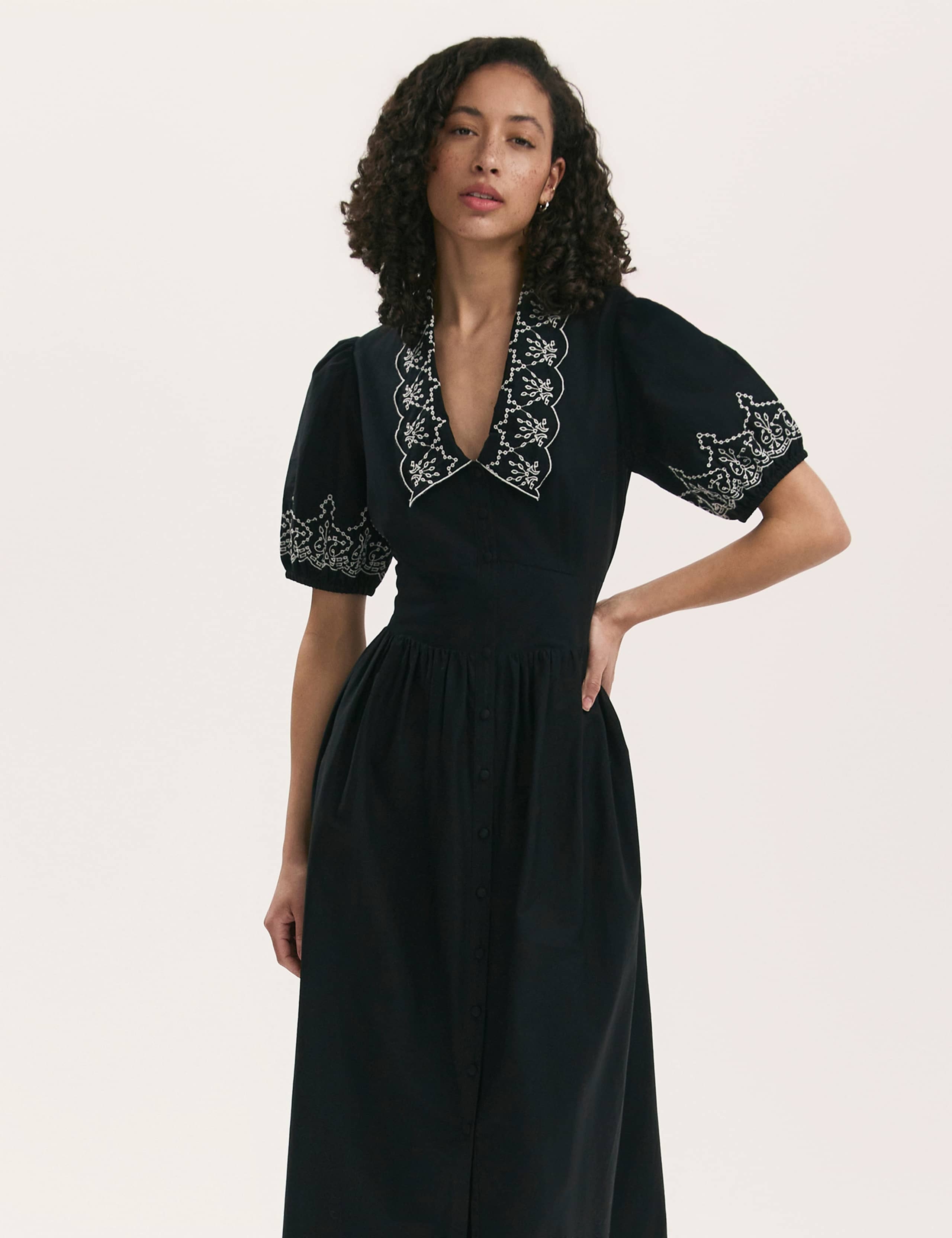 Pure Cotton Embroidered Midi Tea Dress