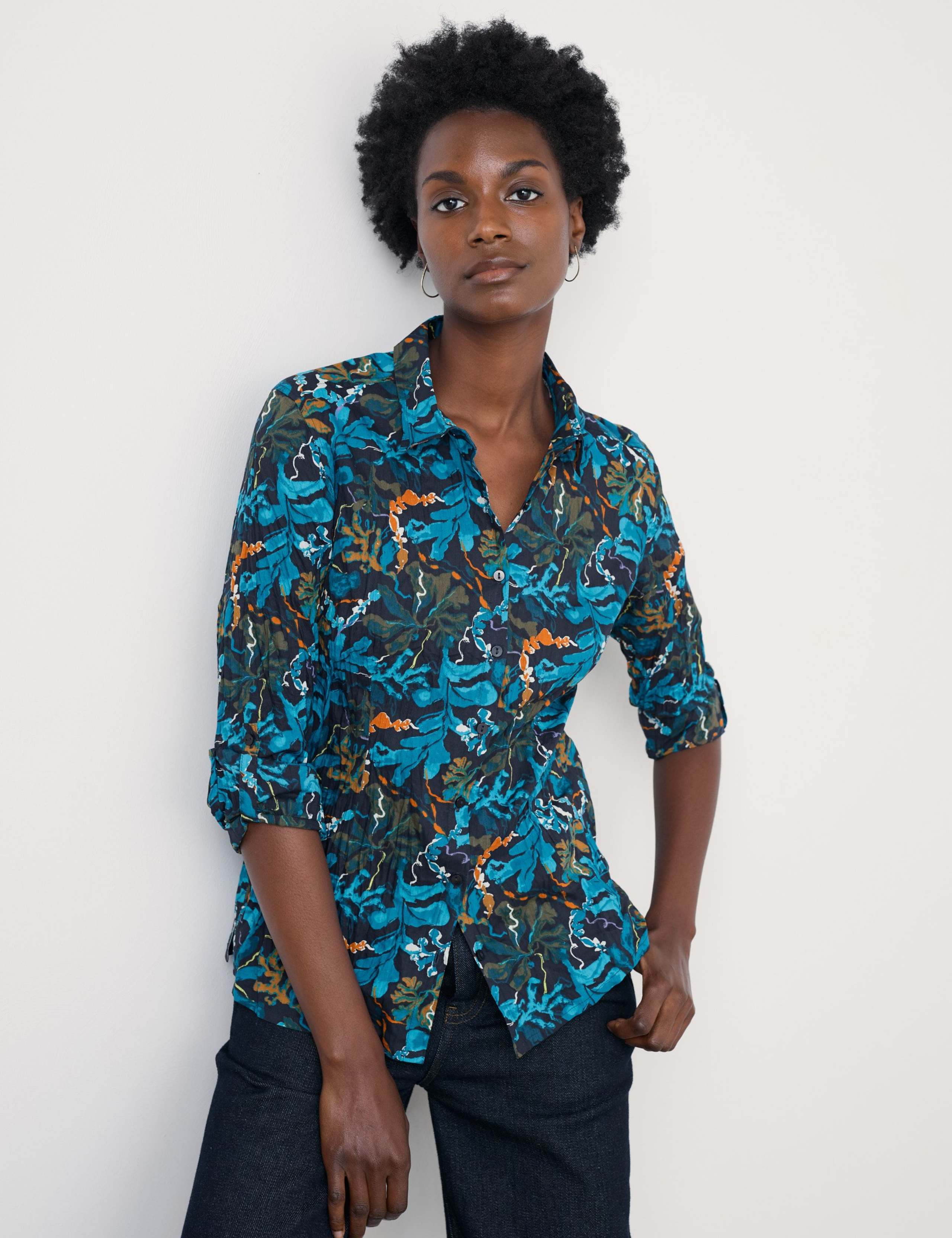 Pure Cotton Printed V-Neck Collared Shirt