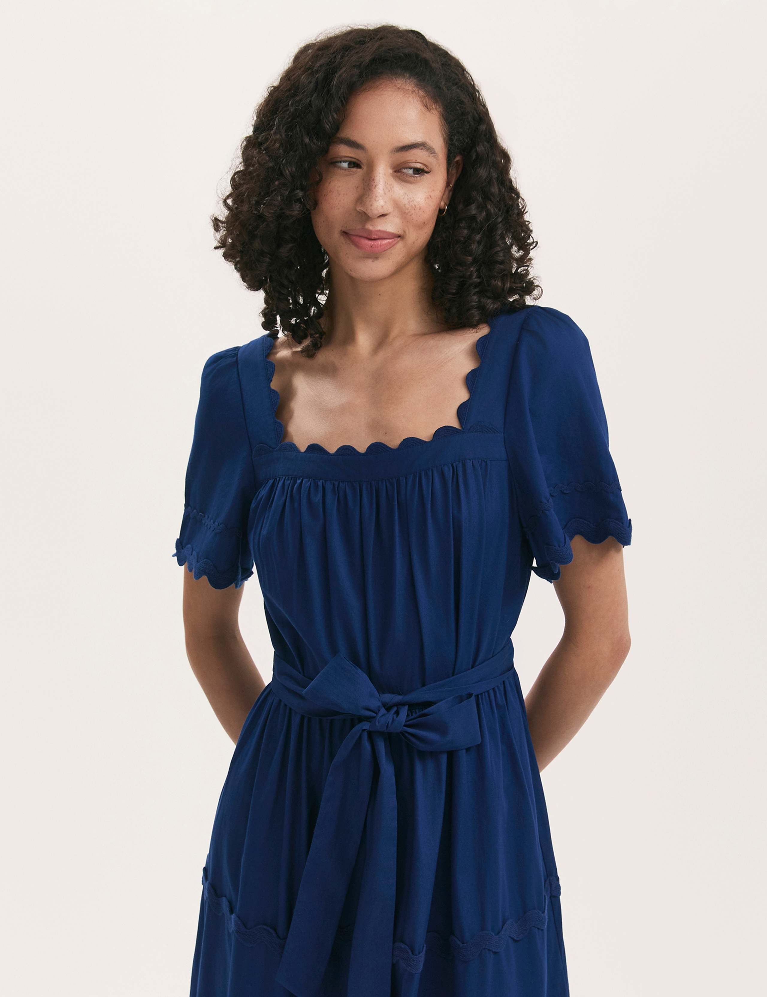 Pure Cotton Square Neck Midi Tiered Dress