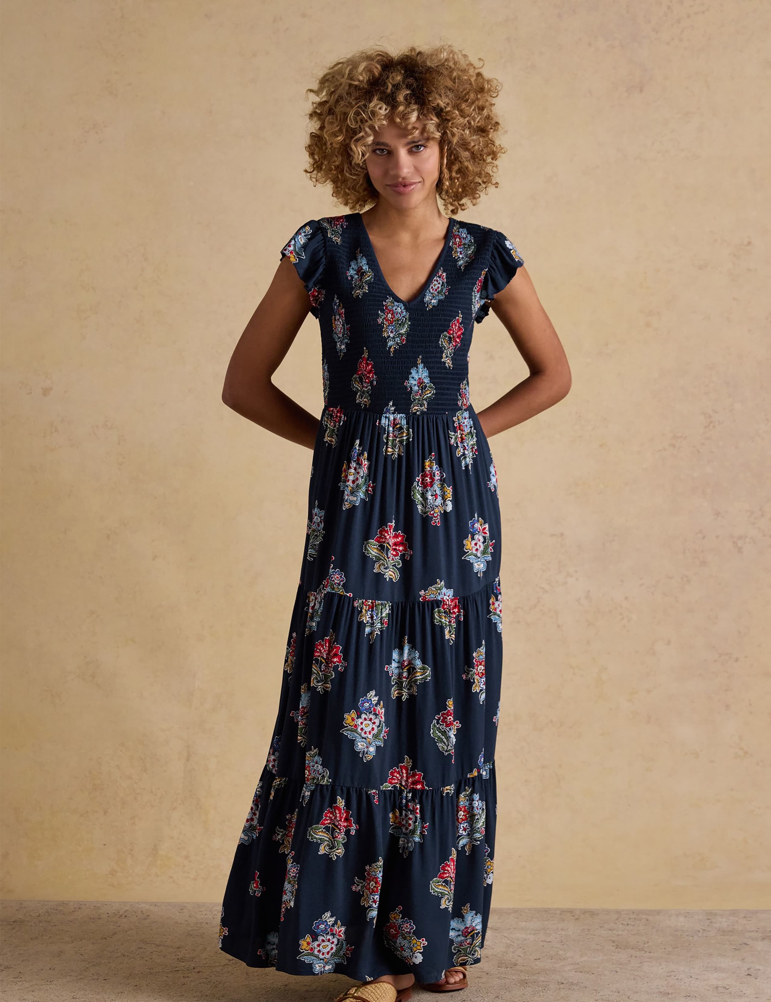 Floral V-Neck Maxi Shirred Dress
