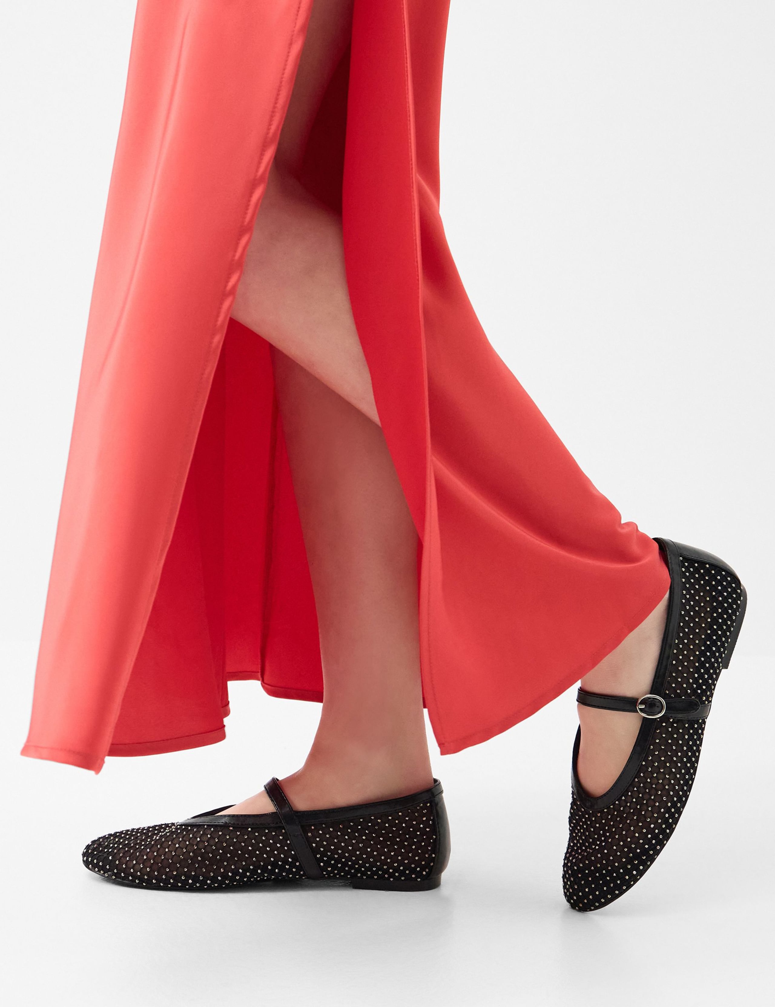 Mesh Embellished Flat Mary Jane Ballet Pumps