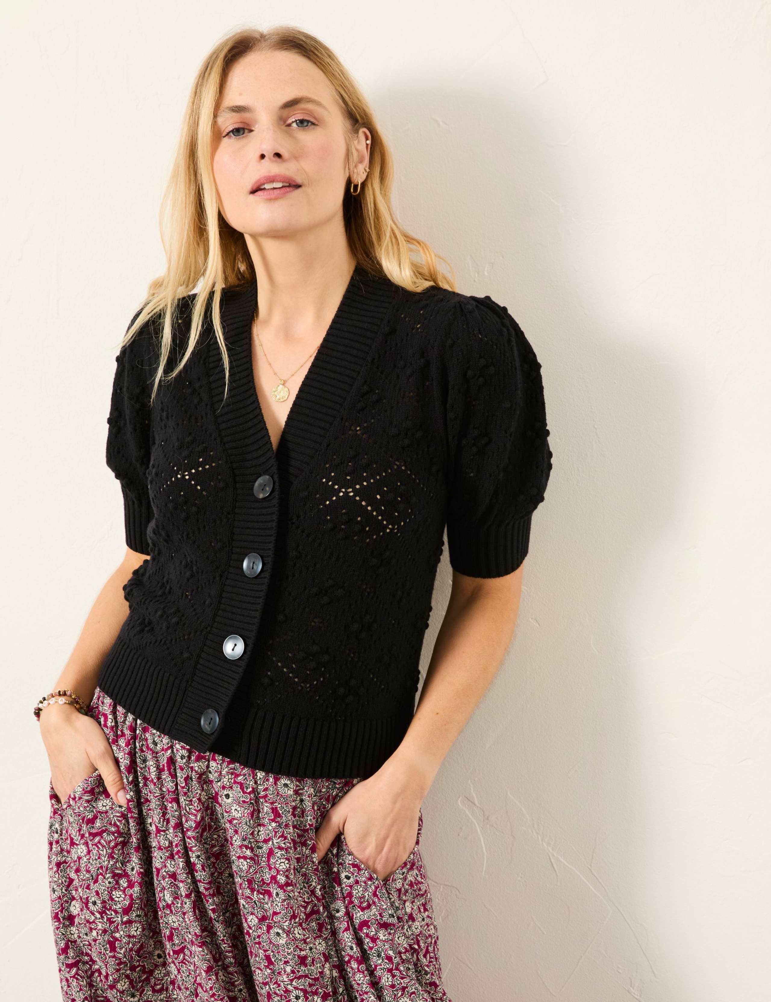 Cotton Rich Pointelle V-Neck Cardigan