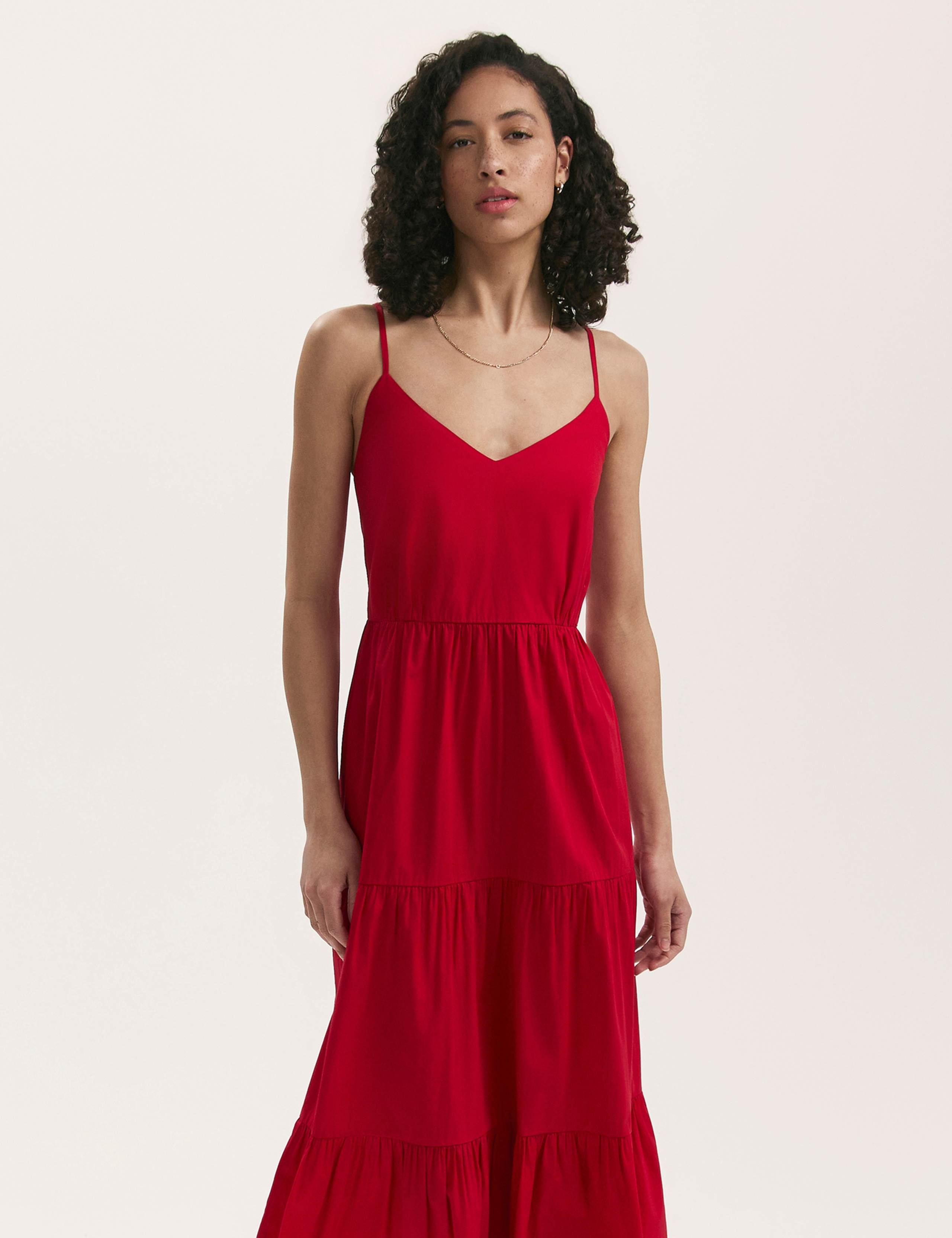 Pure Cotton V-Neck Strappy Midi Tiered Dress