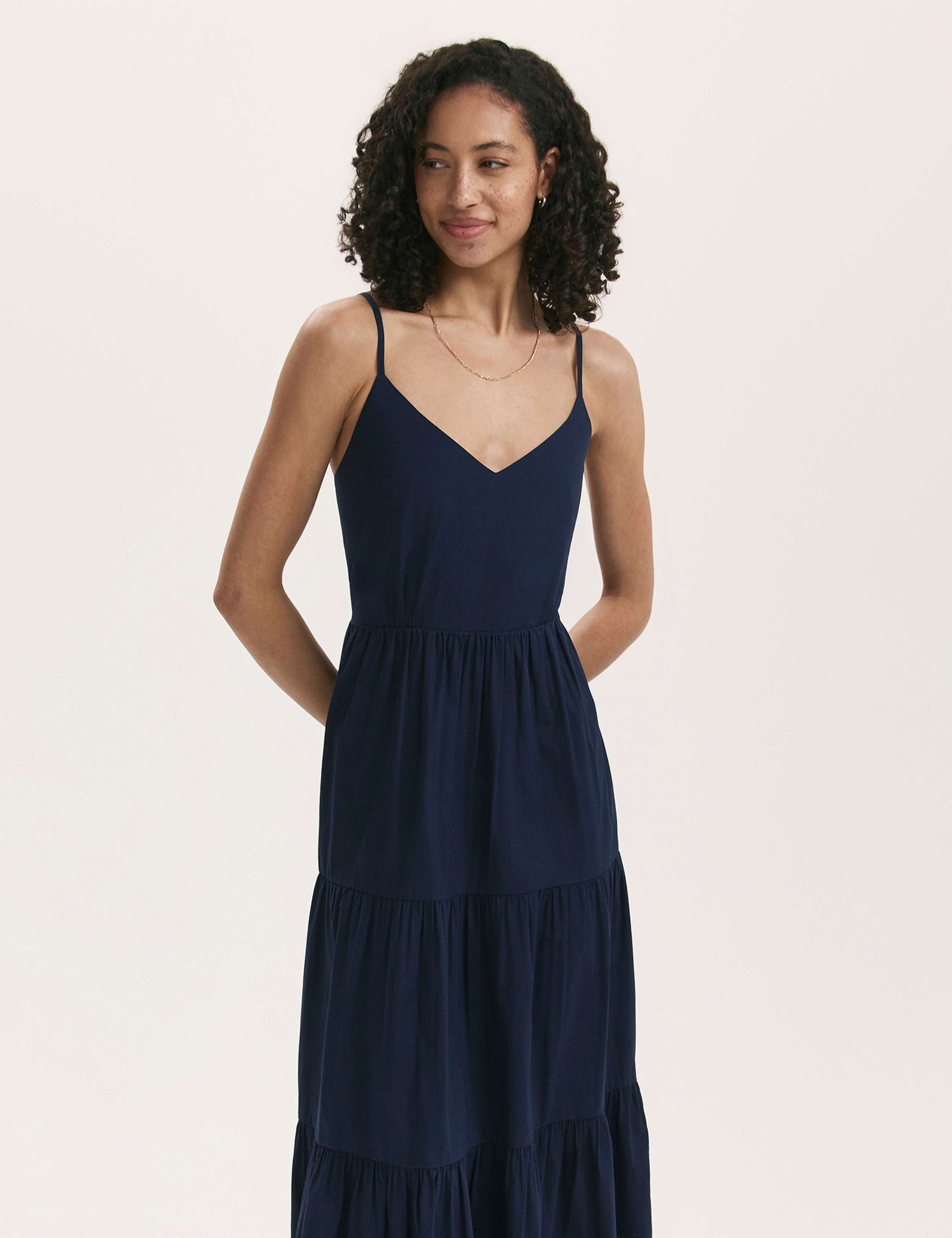 Pure Cotton V-Neck Strappy Midi Tiered Dress
