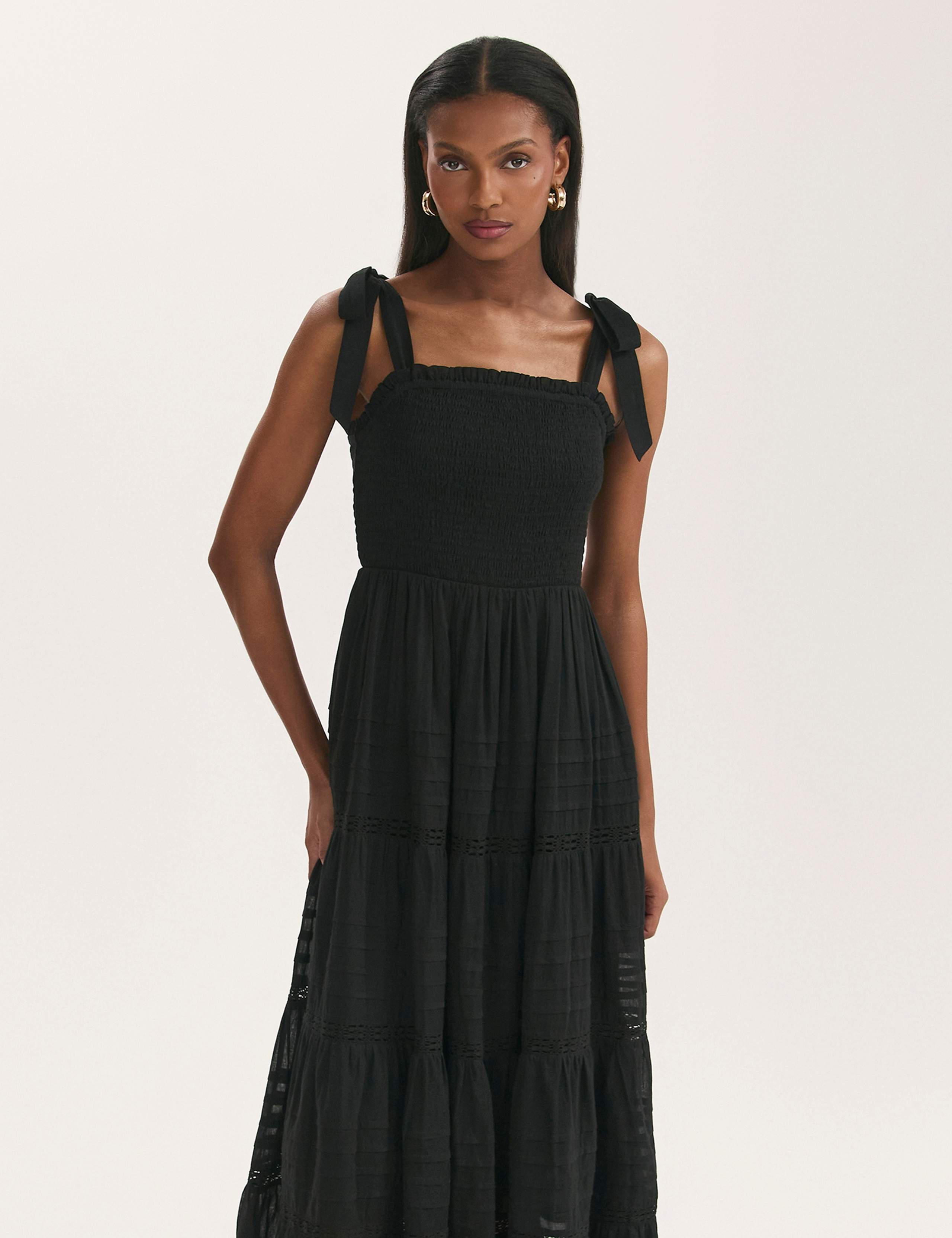 Pure Cotton Square Neck Midi Tiered Dress