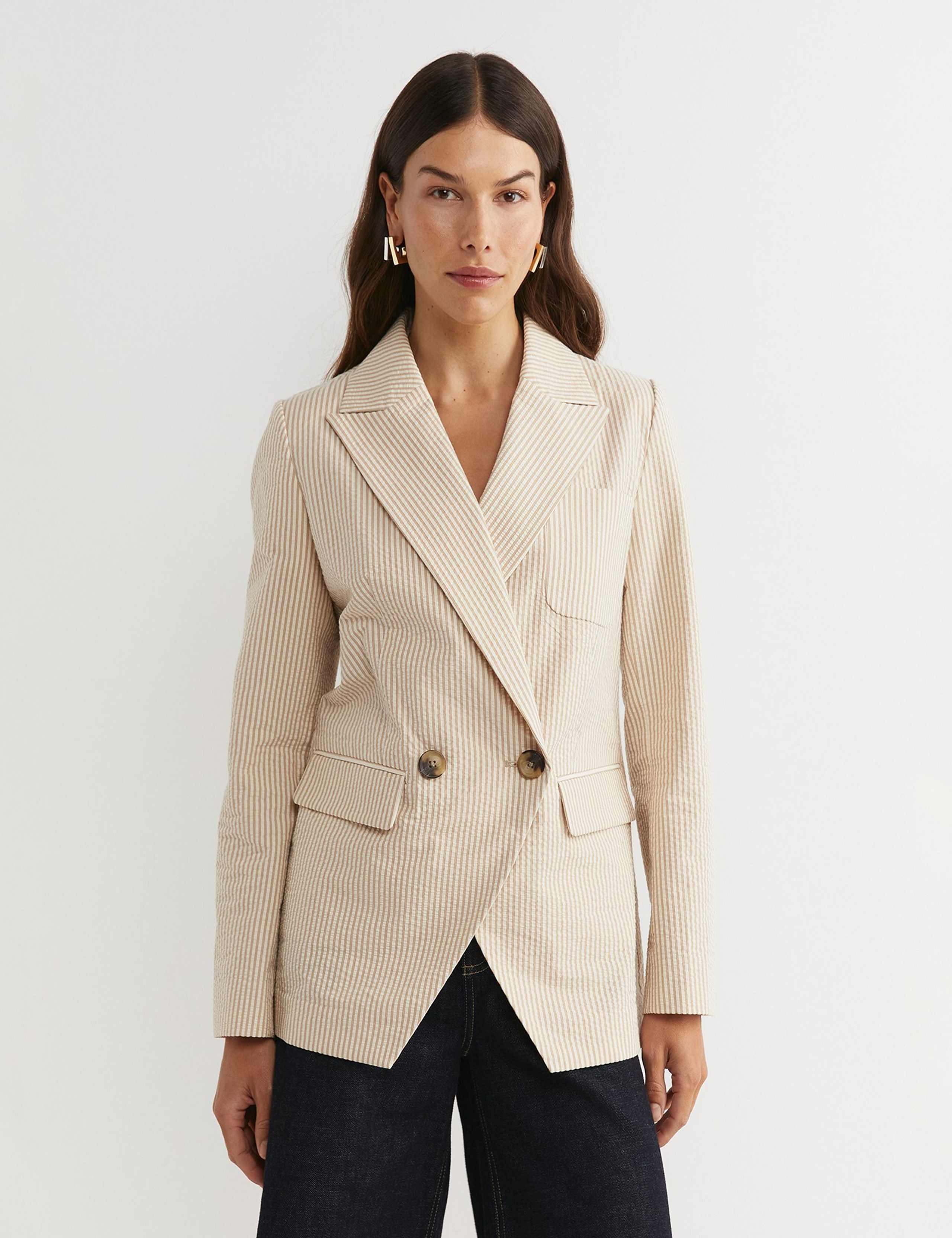 Pure Cotton Striped Double Breasted Blazer