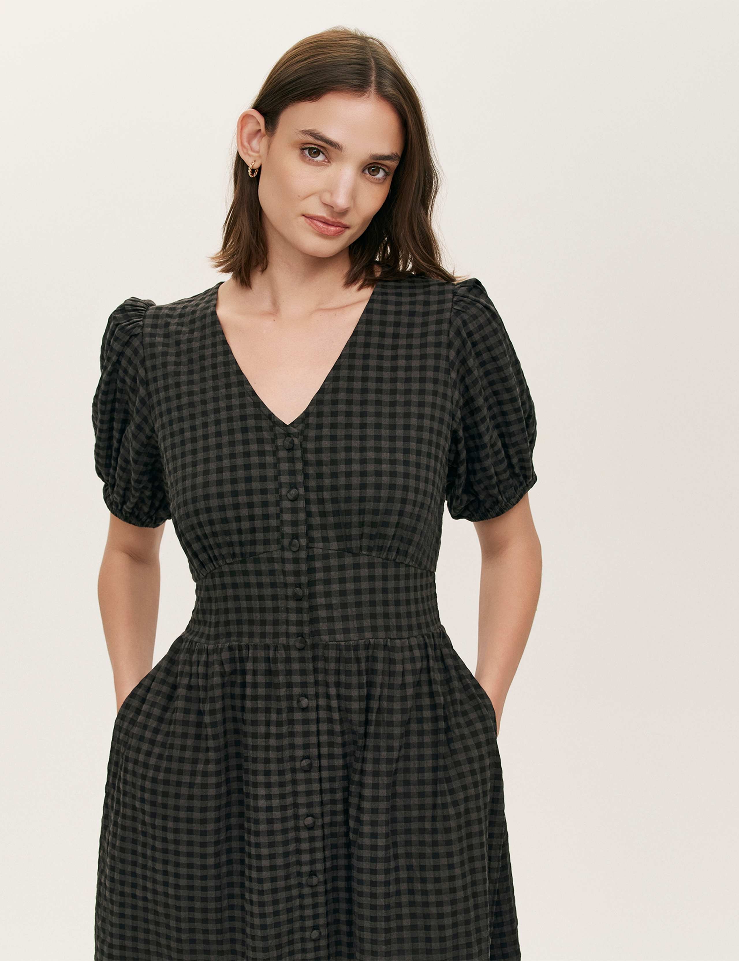 Cotton Blend Gingham V-Neck Midi Tea Dress
