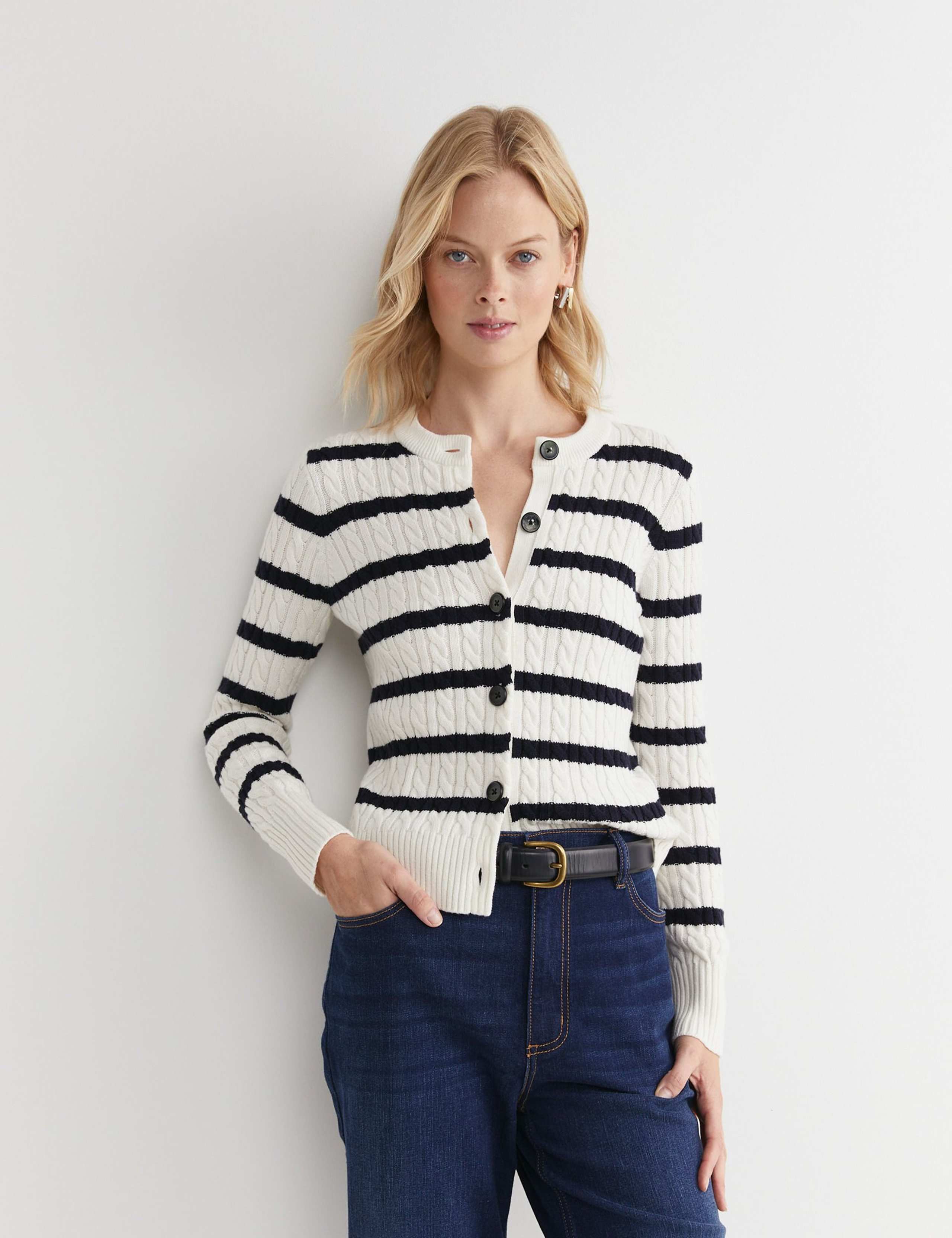 Merino Wool Blend Cable Knit Striped Cardigan