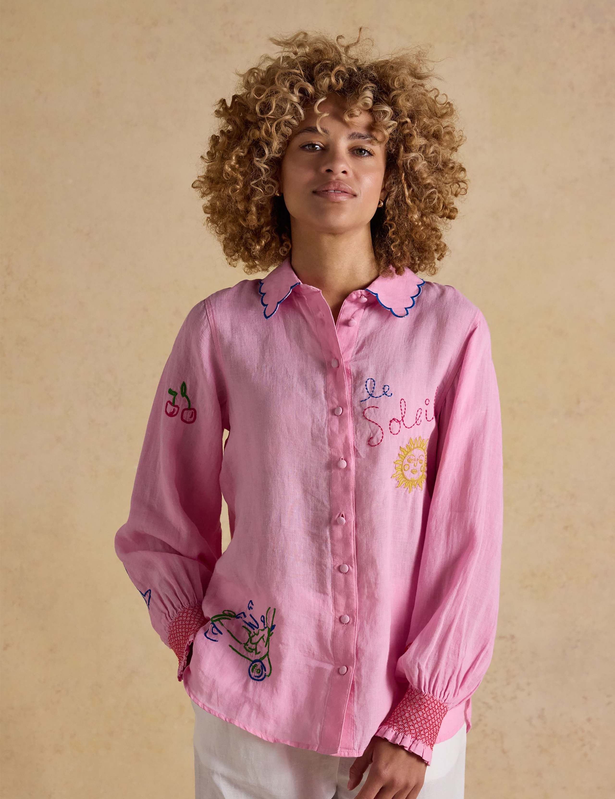 Pure Linen Embroidered Collared Shirt