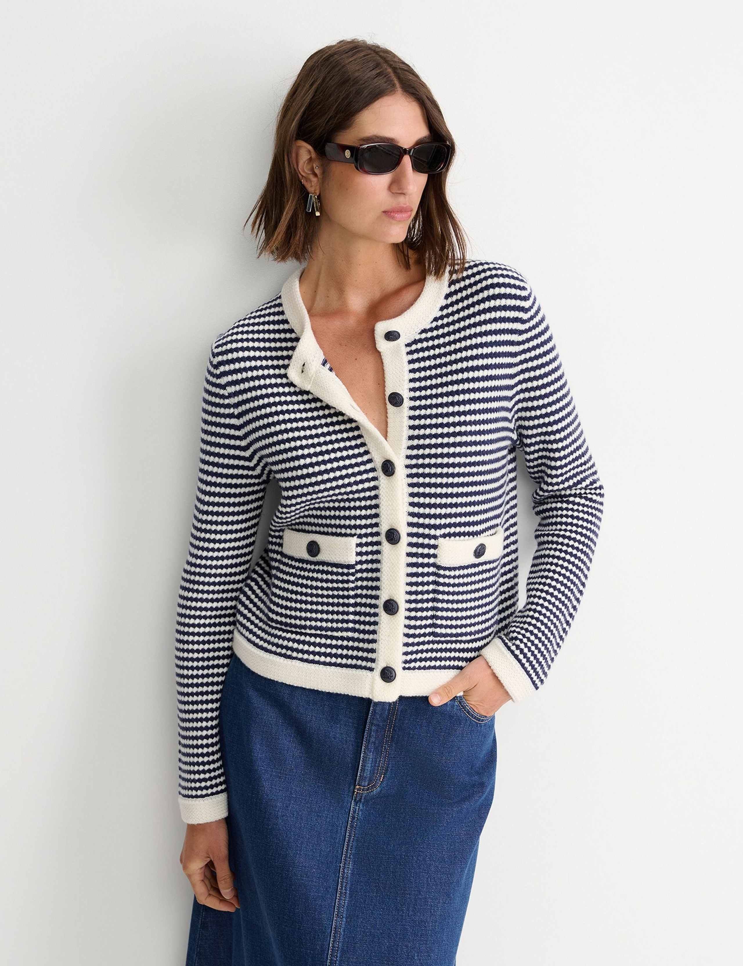 Wool Blend Striped Crew Neck Cardigan