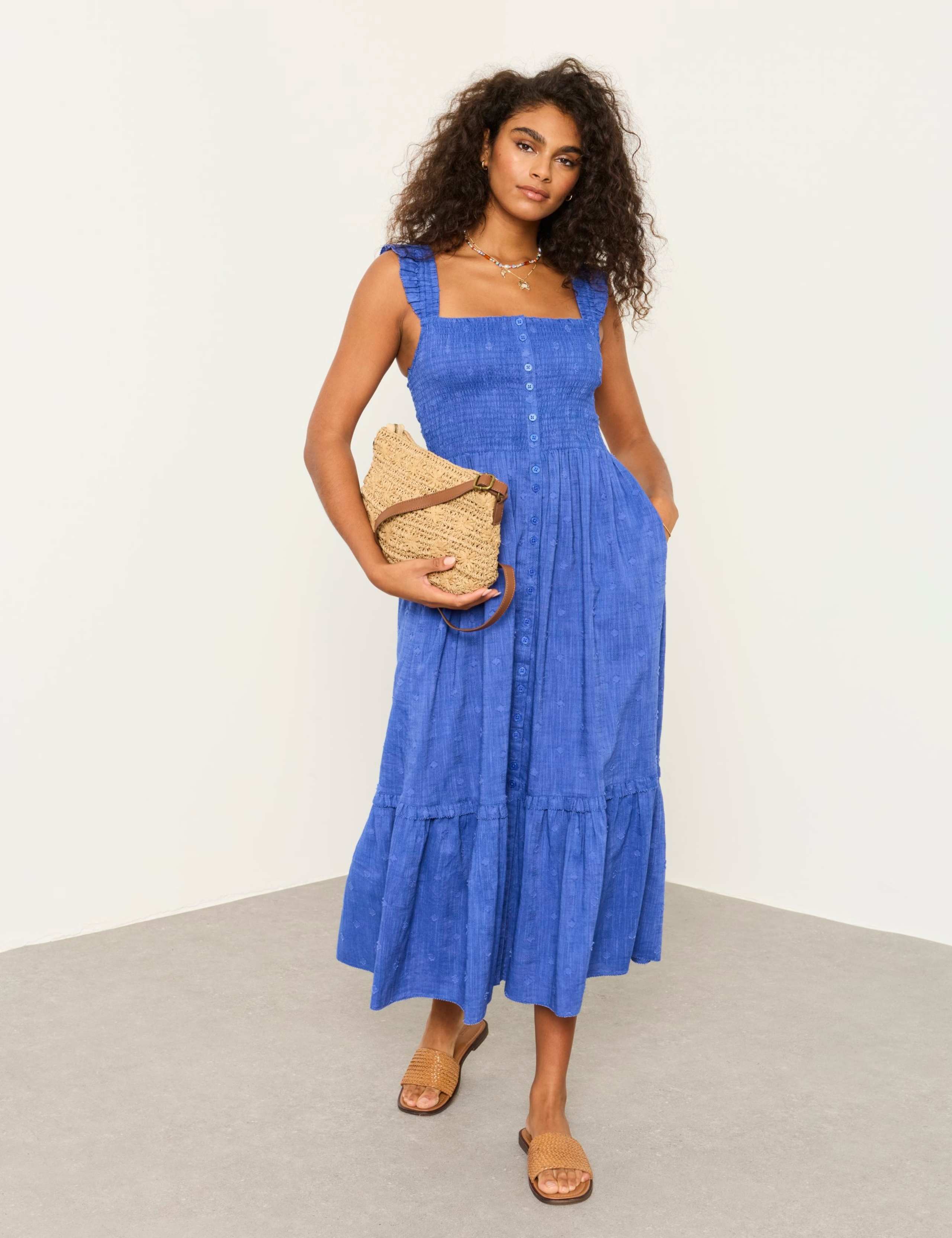 Cotton Blend Square Neck Midi Tiered Dress