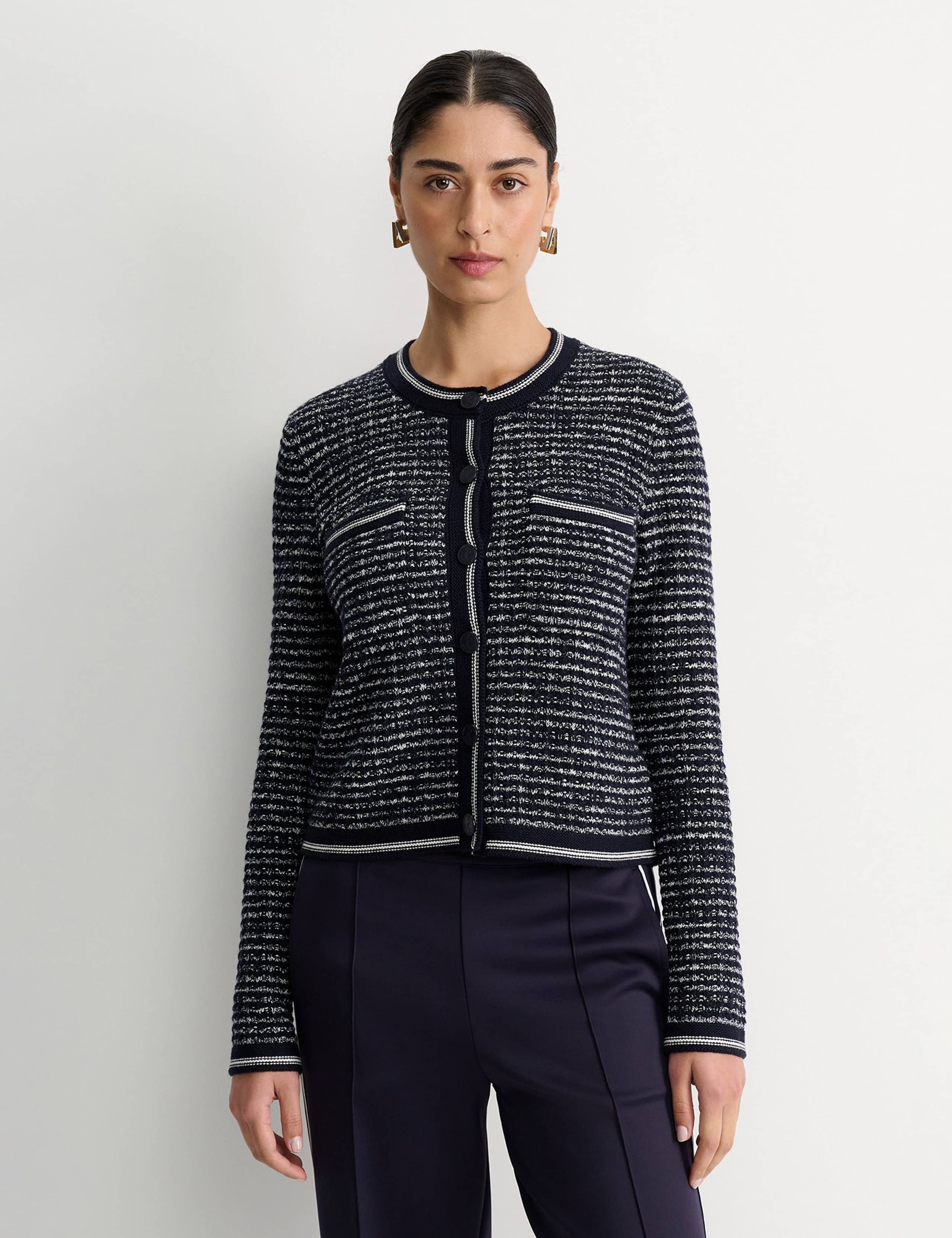 Wool Blend Textured Crew Neck Cardigan