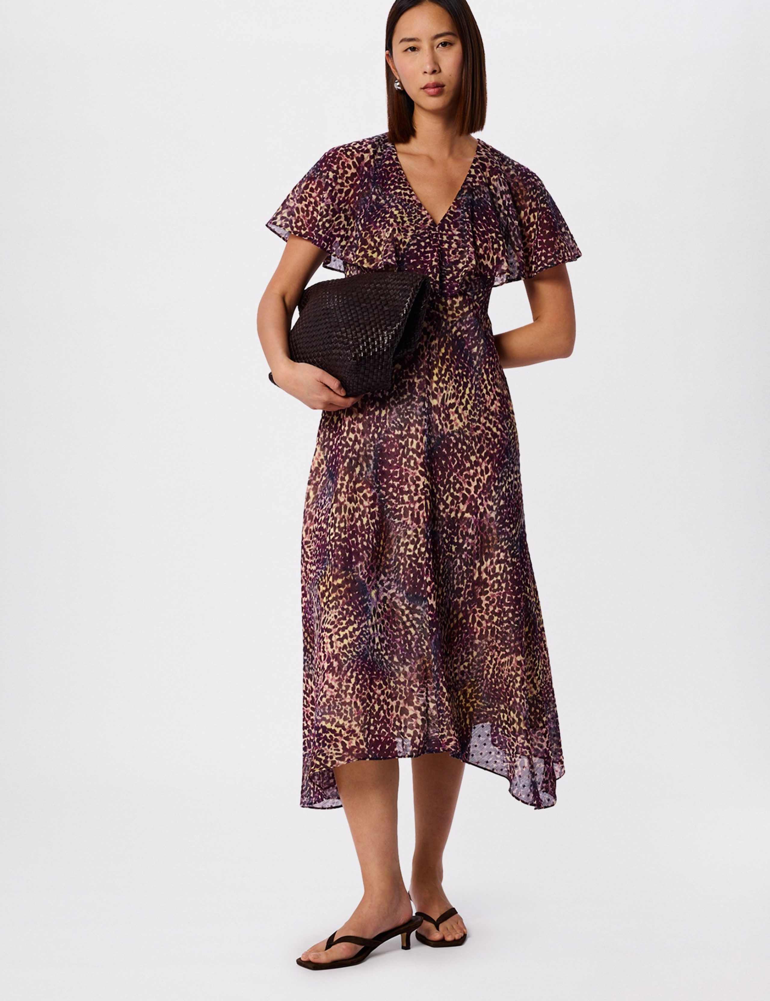 Leopard Print Cape Sleeve Midi Tea Dress