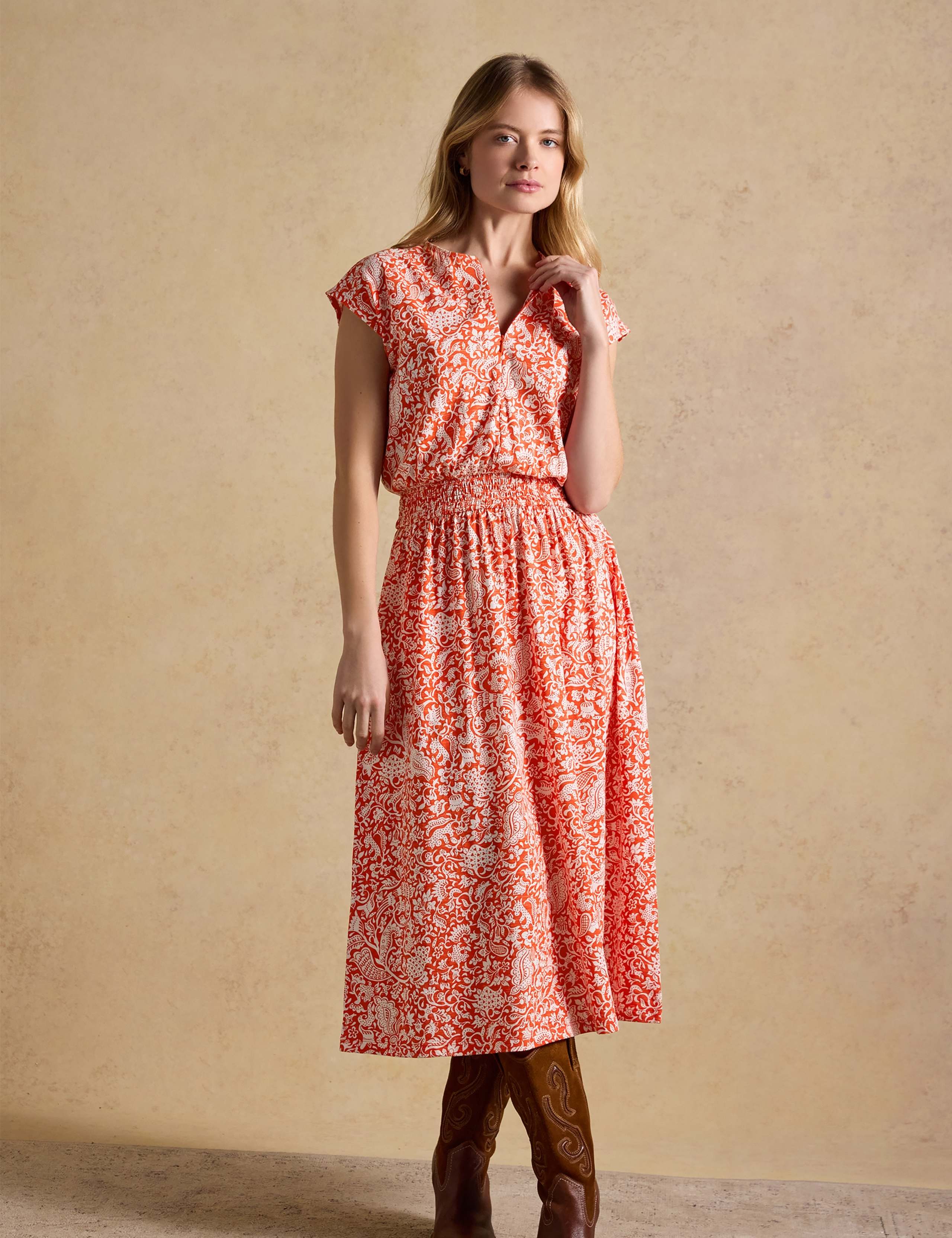 Pure Cotton Floral Midi Waisted Dress