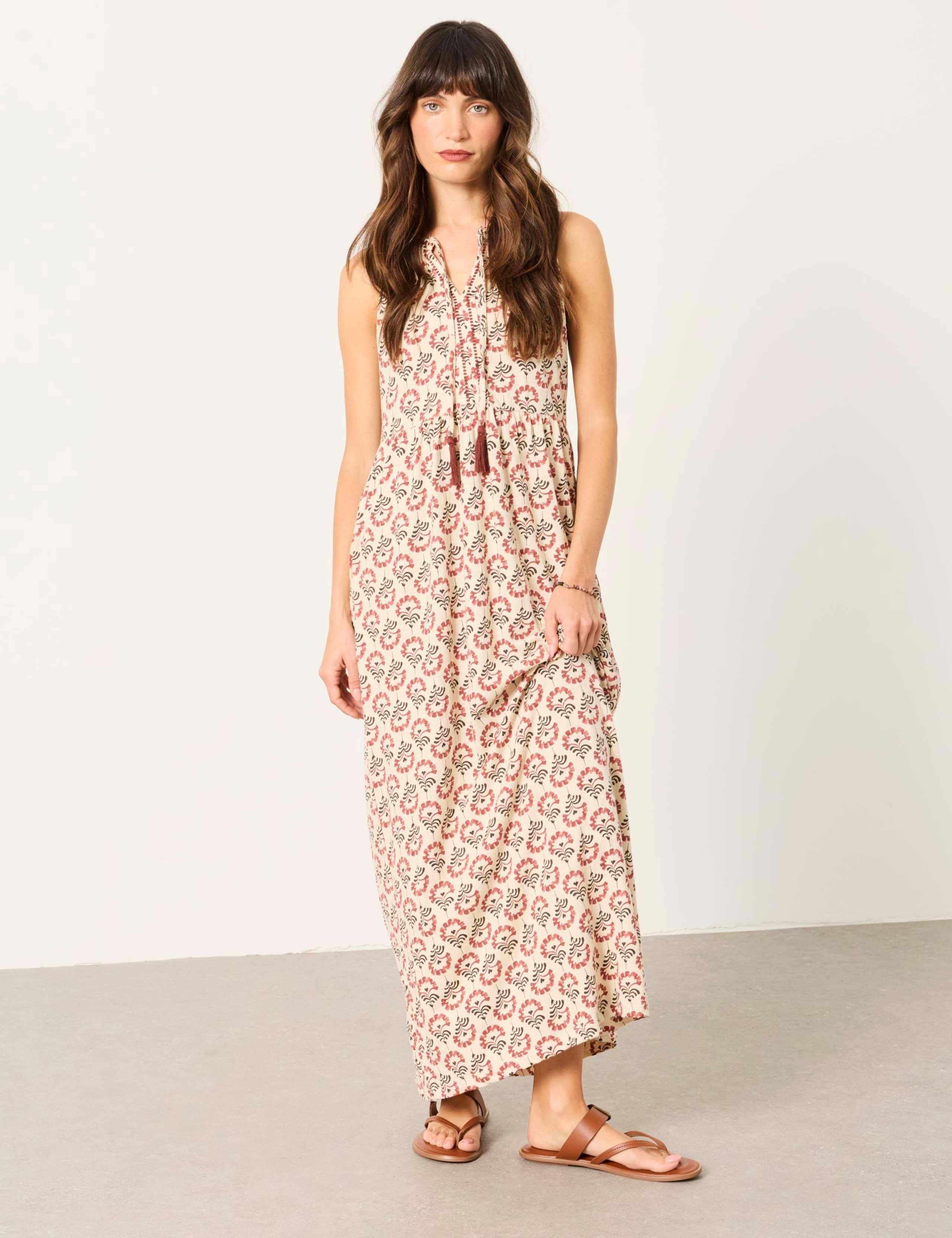 Linen Rich Jersey Floral V-Neck Maxi Dress
