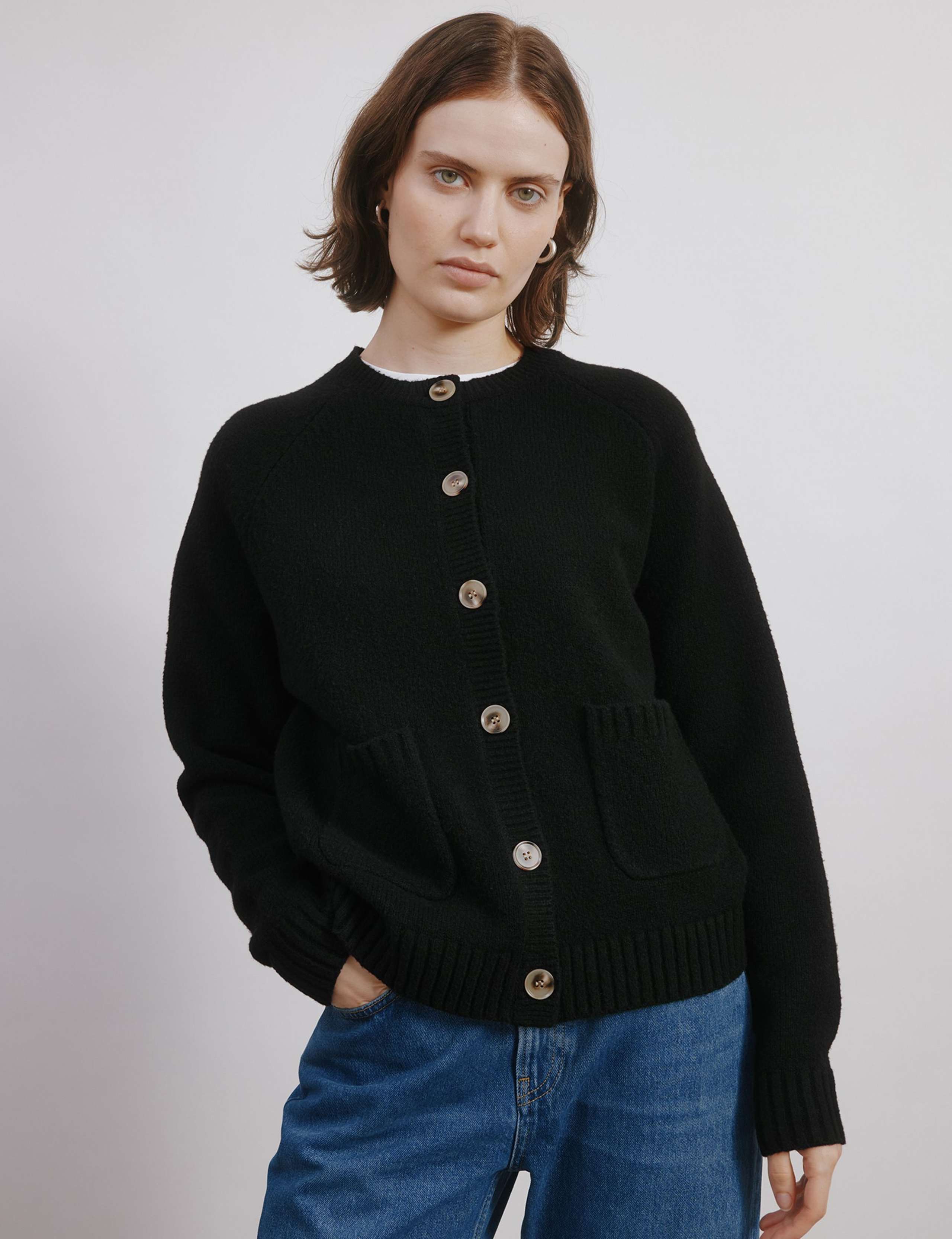 Textured Crew Neck Cardigan with Wool