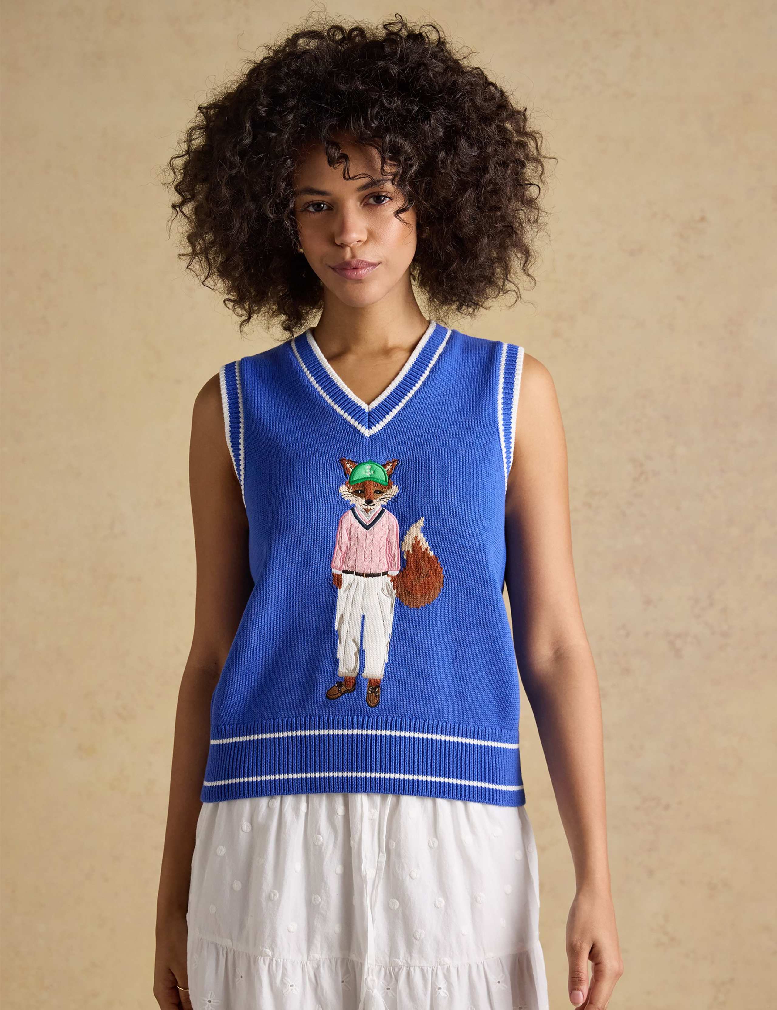 Pure Cotton Fox V-Neck Knitted Vest