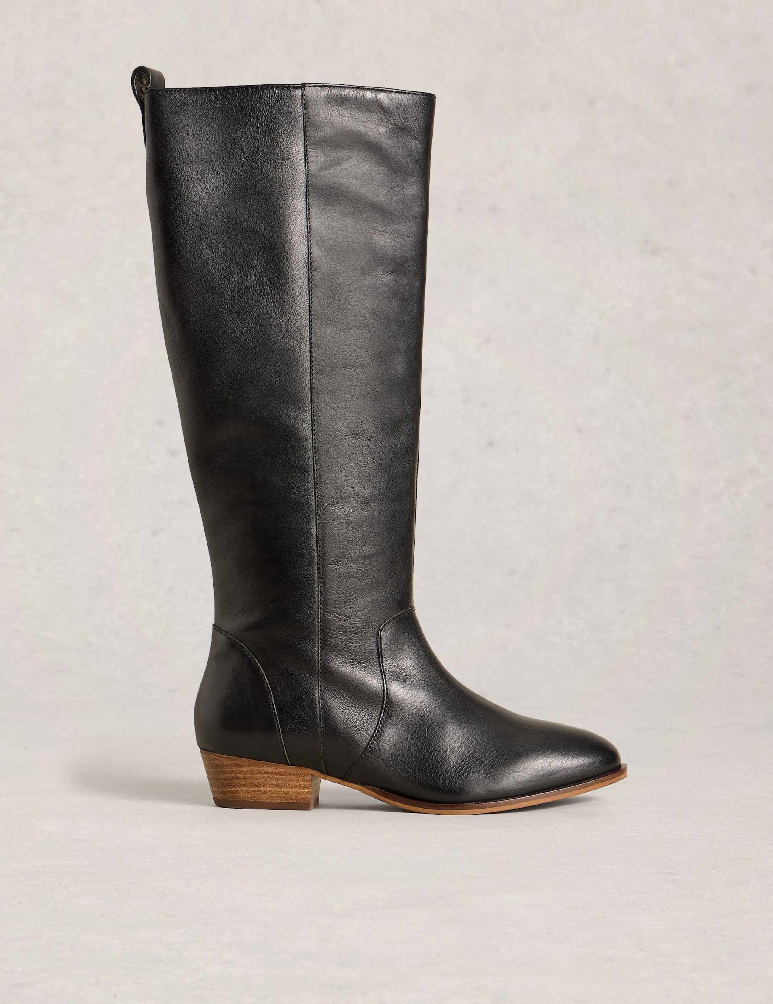 Leather Block Heel Knee High Boots